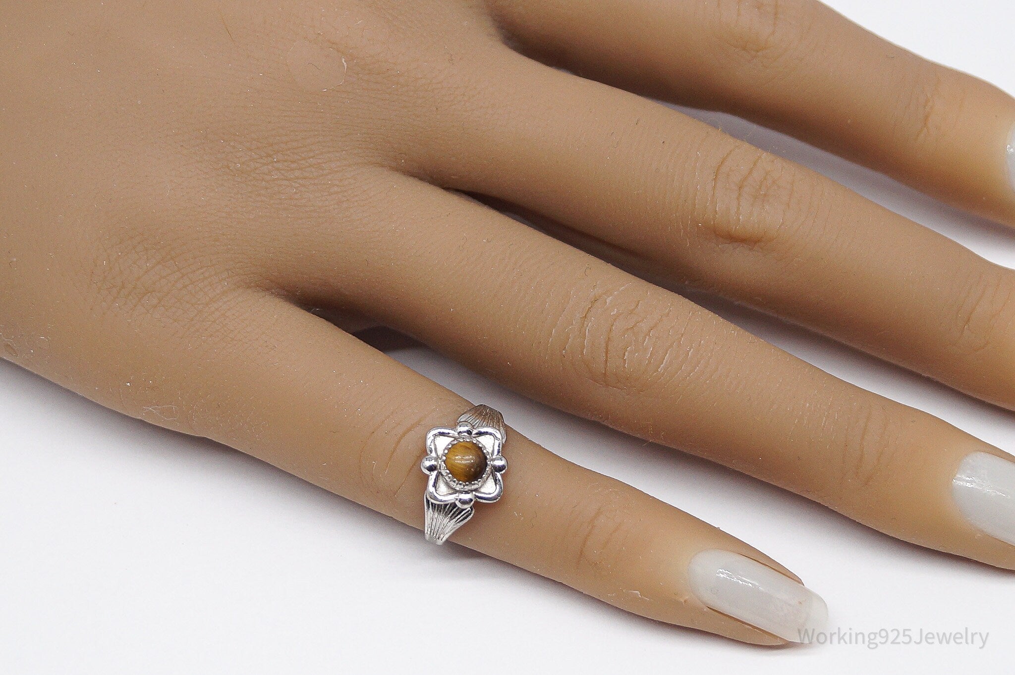 Vintage Native American Signed JP Tigers Eye Sterling Silver Ring - Size 2.75