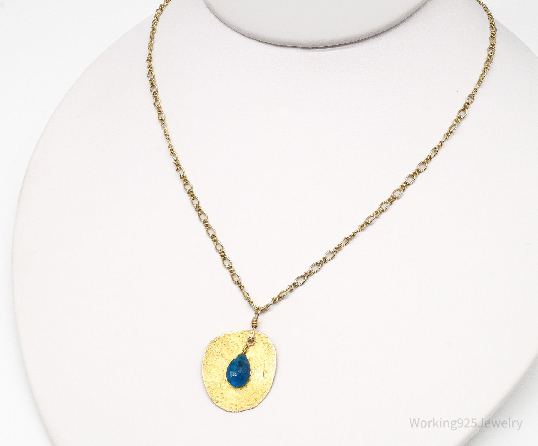 Vintage Blue Stone Hammered Style Gold Vermeil Sterling Silver Necklace 18"