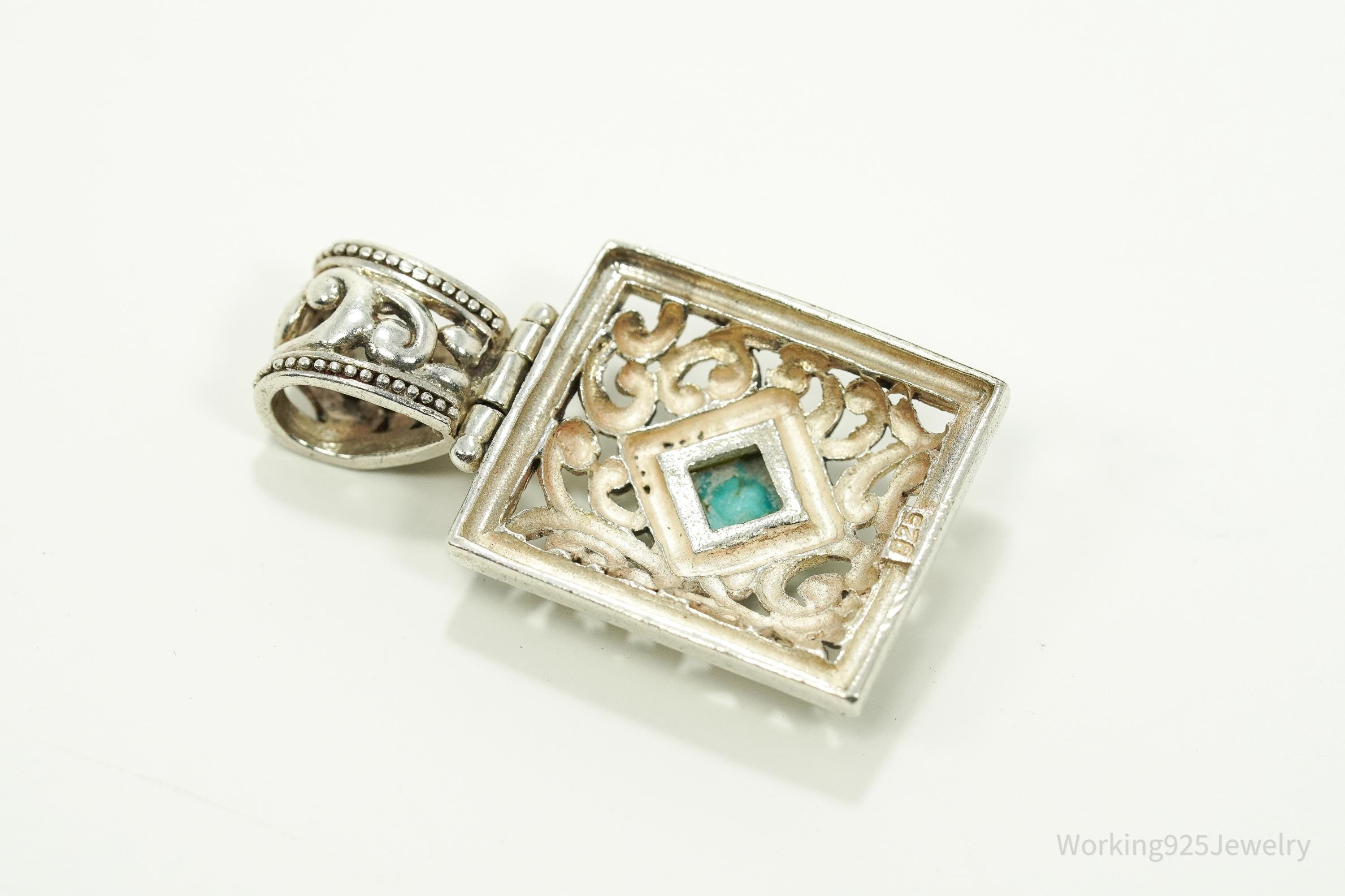 Large Vintage Turquoise Filigree Sterling Silver Necklace Pendant 1 5/8"