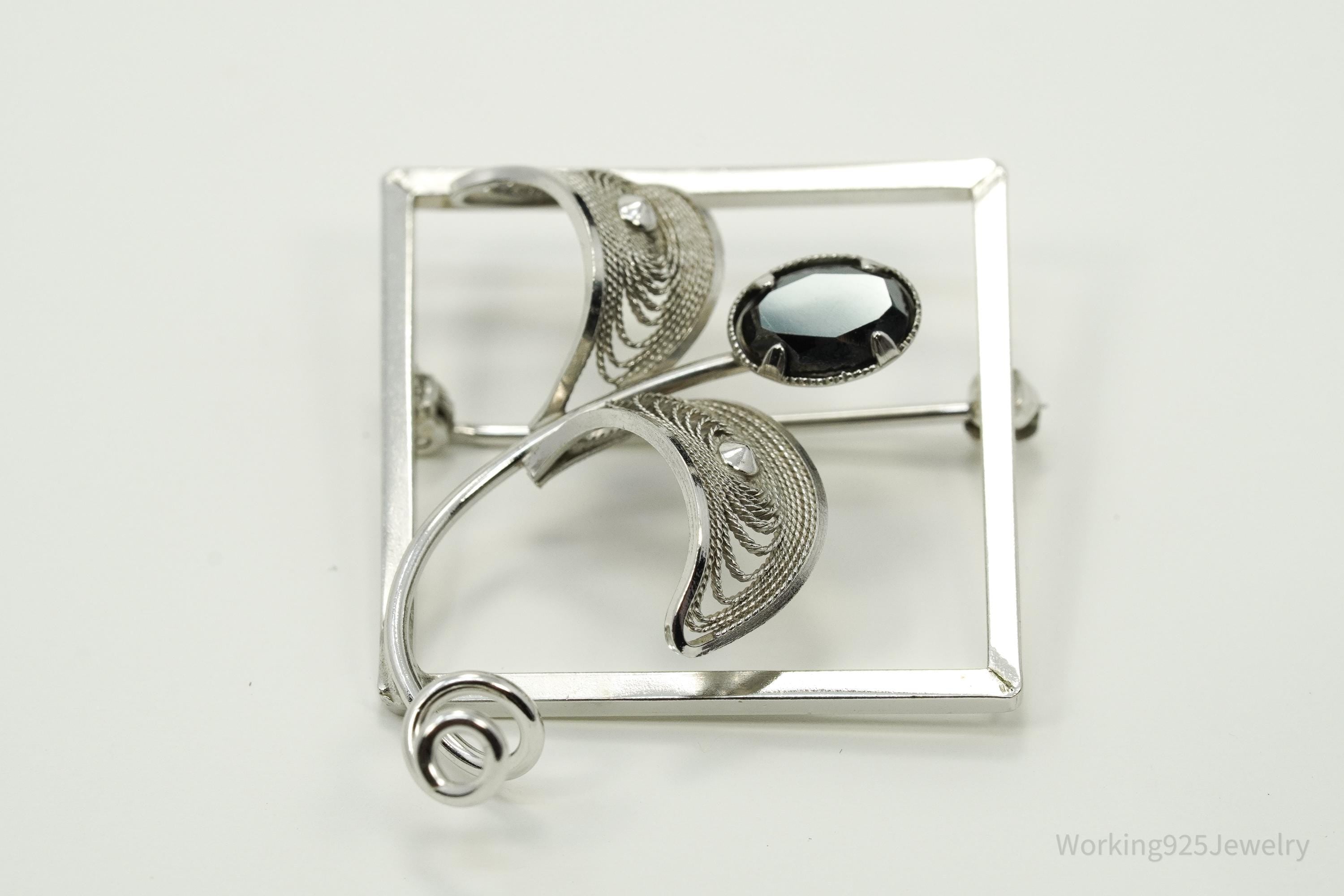 Vintage Designer CR Co Hematite Filigree Sterling Silver Brooch Pin