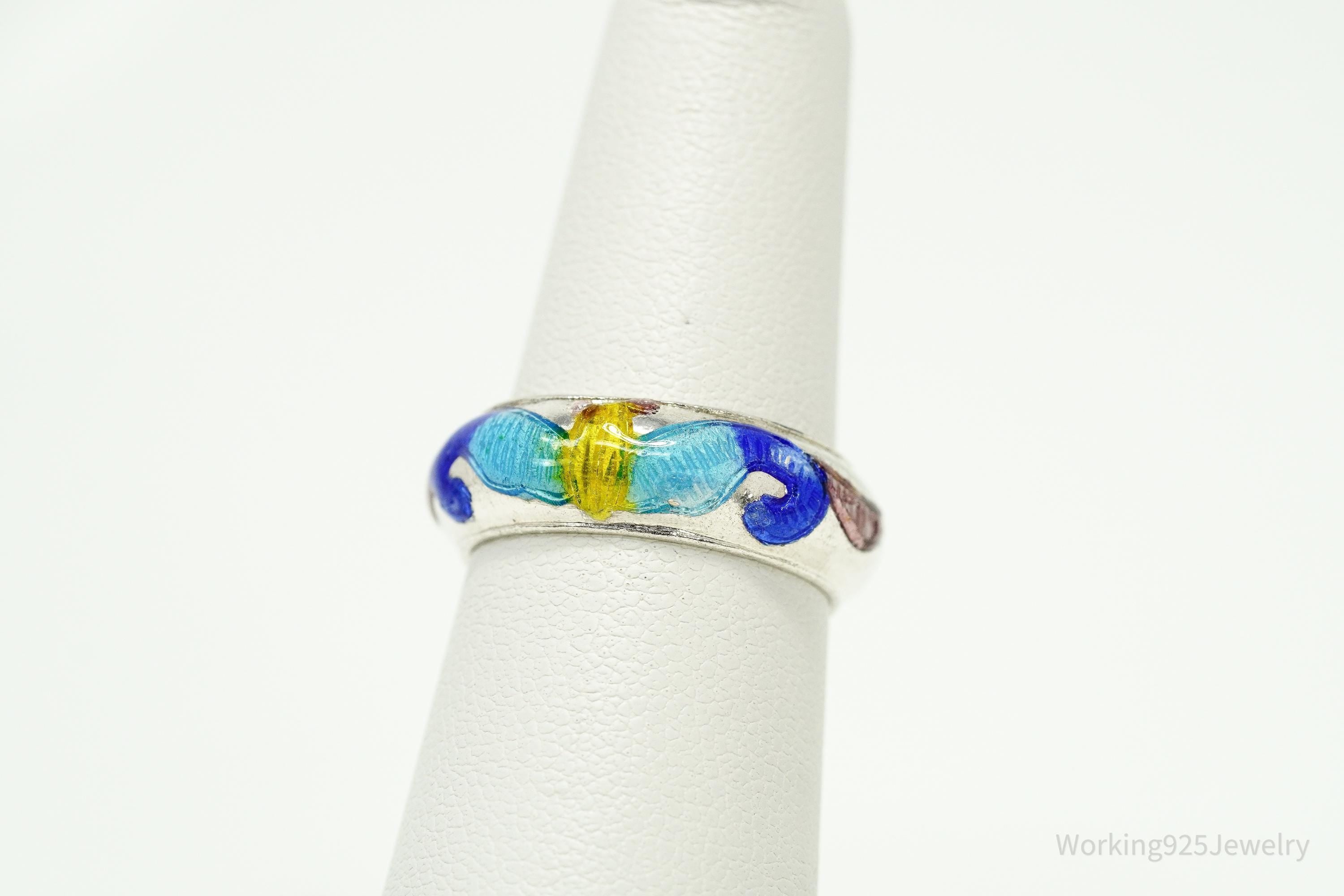 Vintage Enamel Silver Band Ring Size 6.25