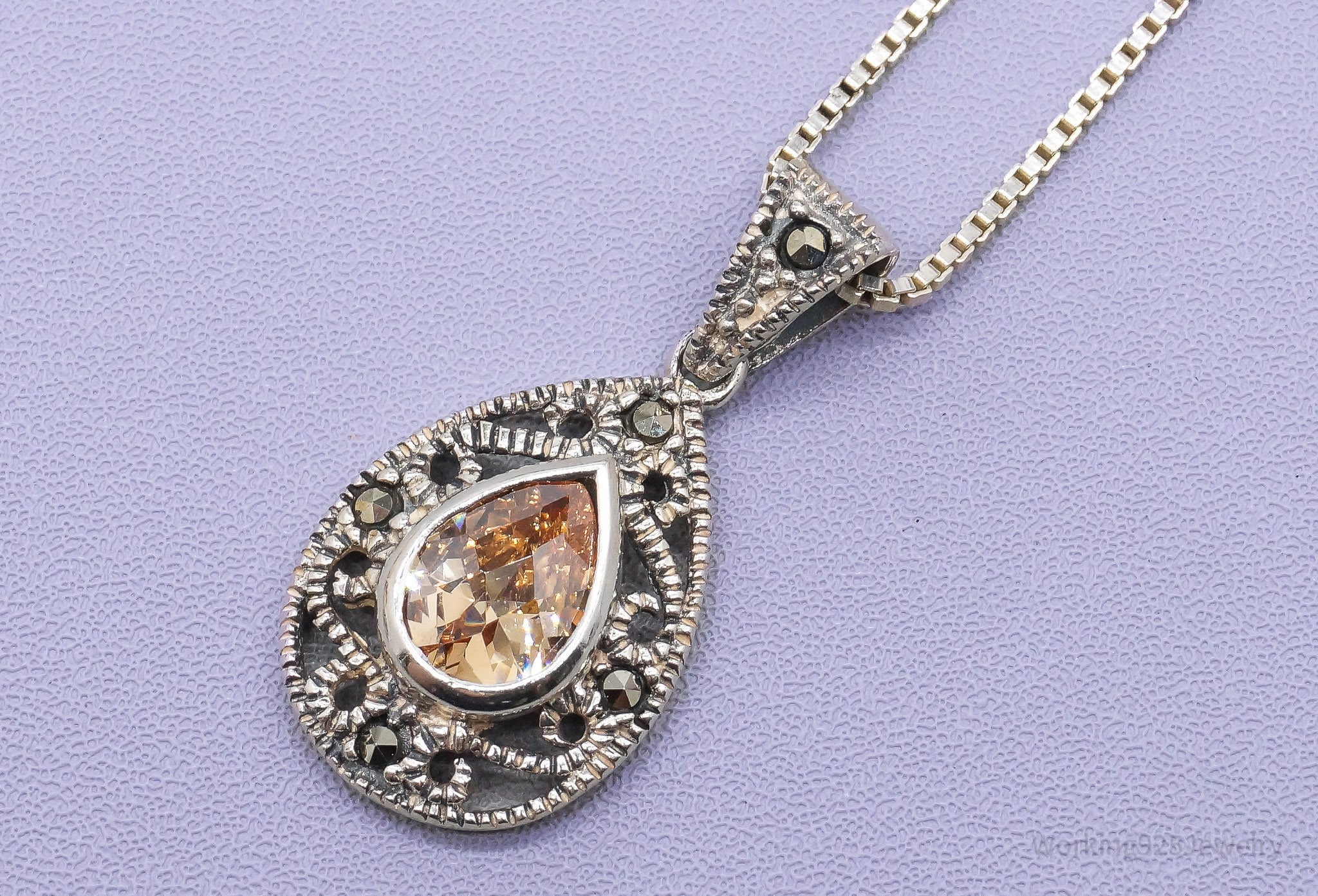 Vintage Champagne Cubic Zirconia & Marcasite Sterling Silver Necklace 18"