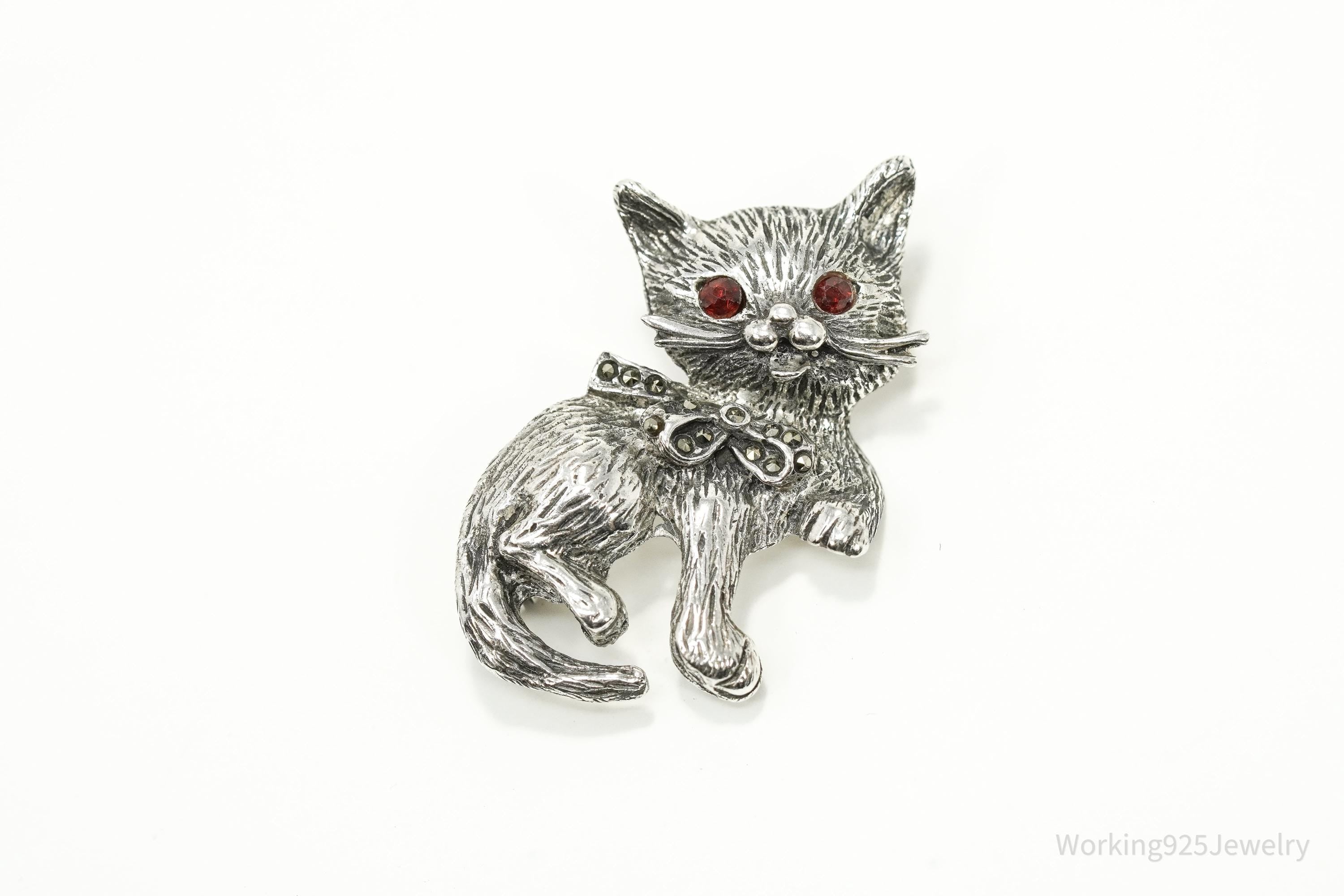 Vintage Cat Kitten Red Stone & Marcasite Silver Brooch Pin