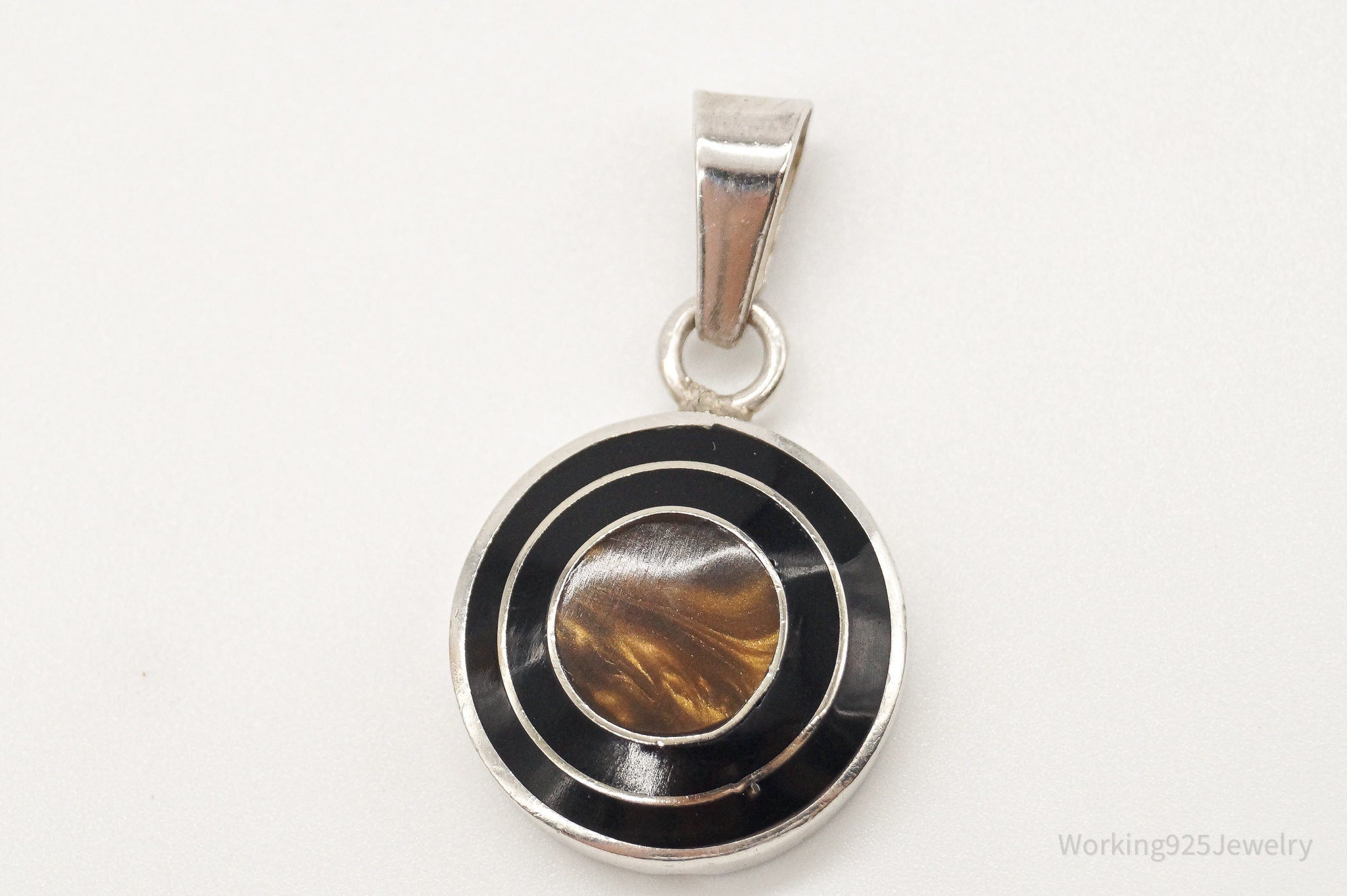 Vintage Mexico Faux Tigers Eye Black Enamel Sterling Silver Pendant