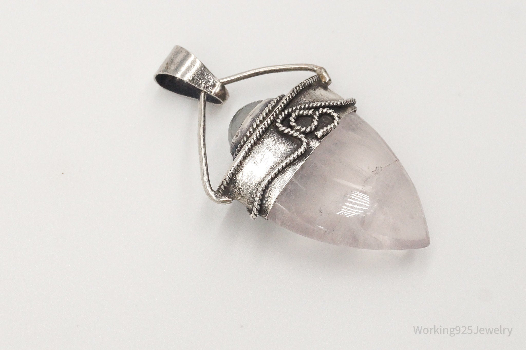 Vintage Large Rose Quartz White Moonstone Sterling Silver Pendant