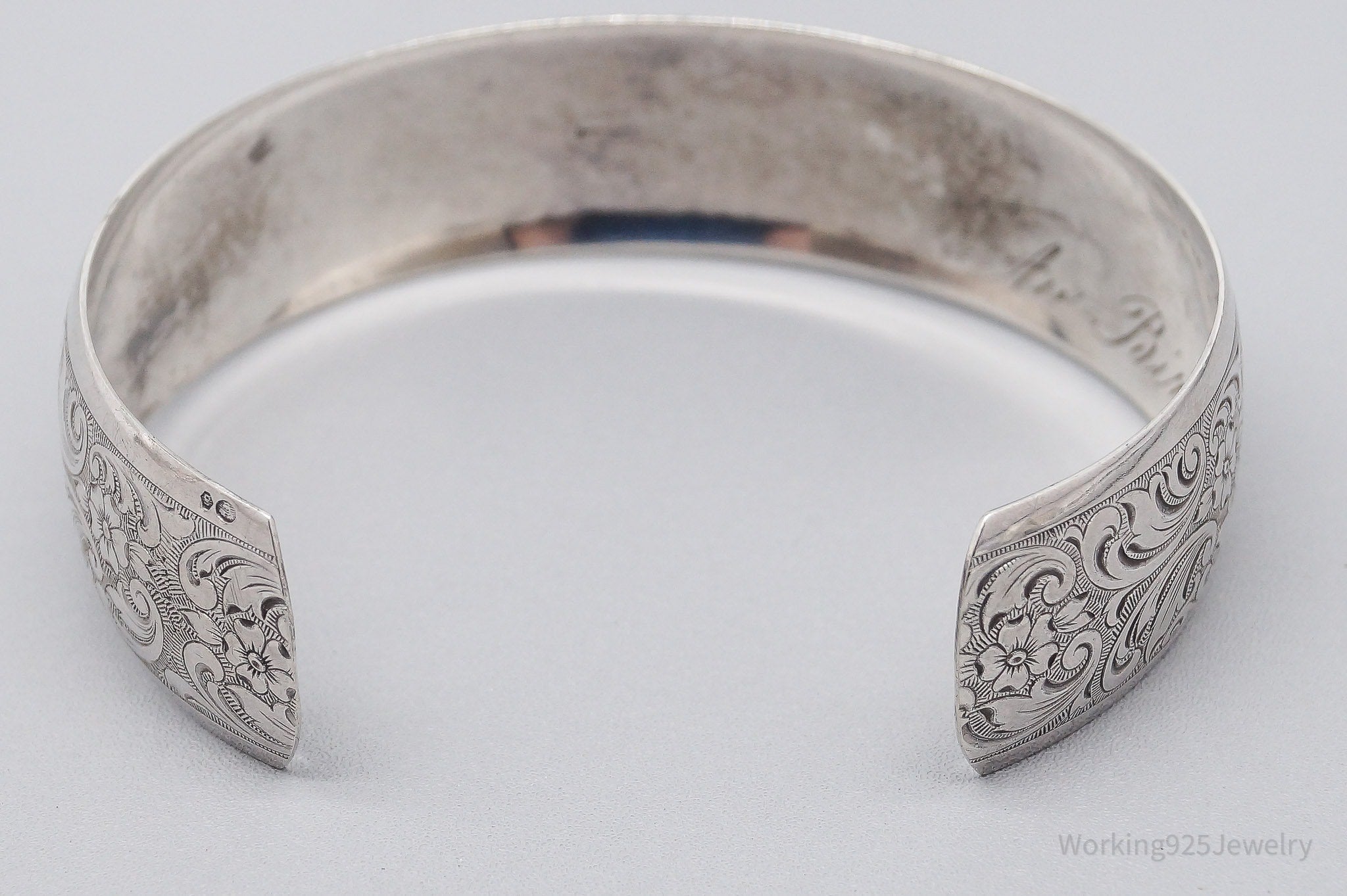 Antique Art Nouveau Floral Etched 835 Silver Cuff Bracelet 7 5/8"