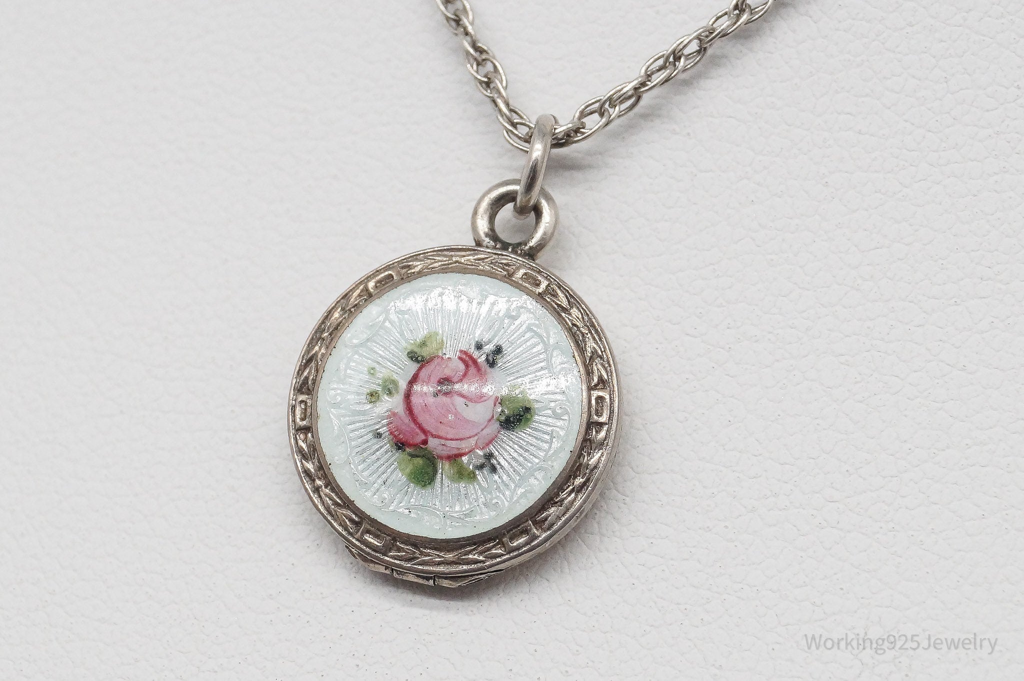 Antique Enamel Rose Locket Gold Washed Sterling Silver Necklace 18"