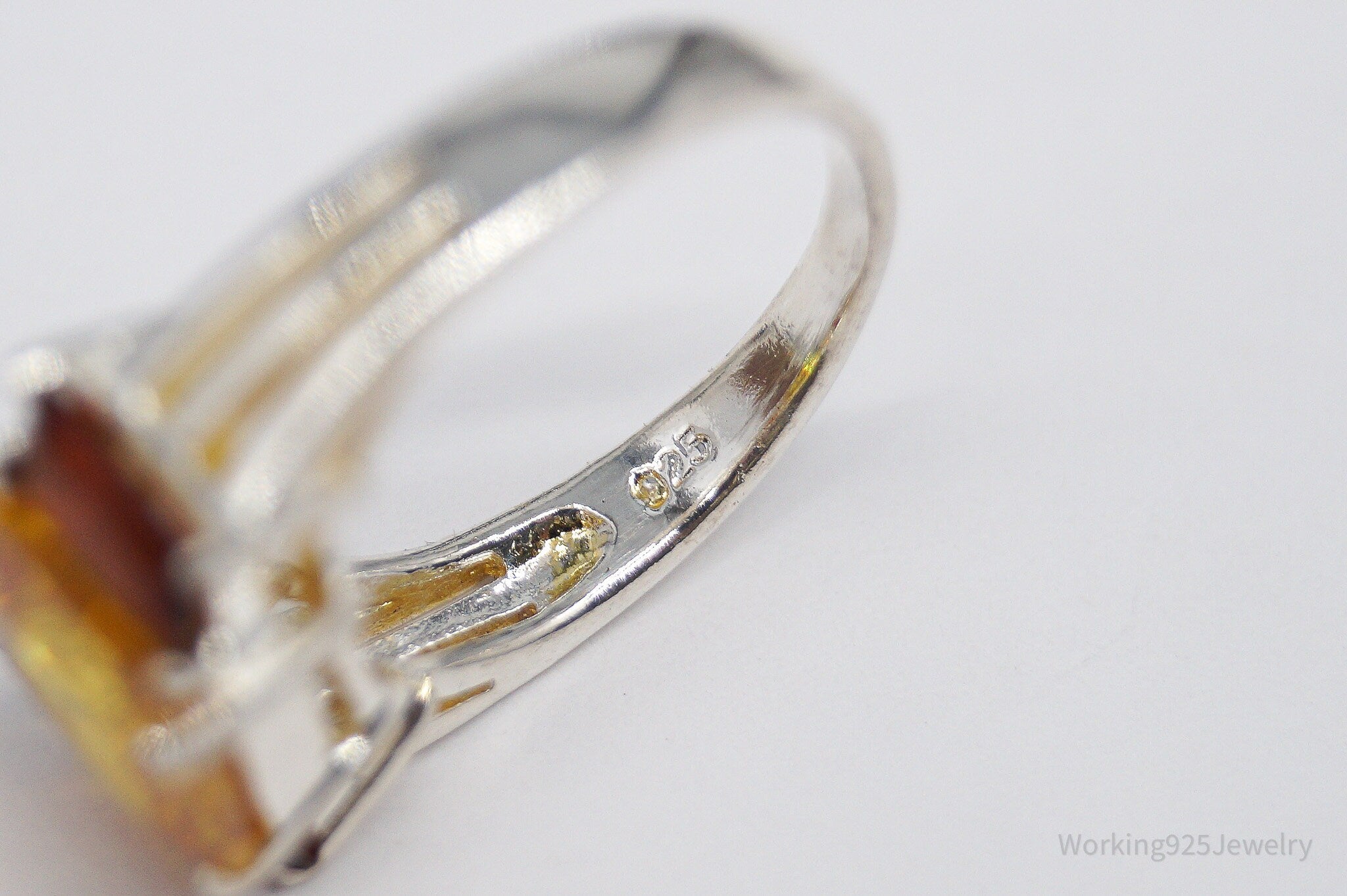 Vintage Large Yellow Tourmaline & Faux Amber Stone Sterling Silver Ring - Size 6.5