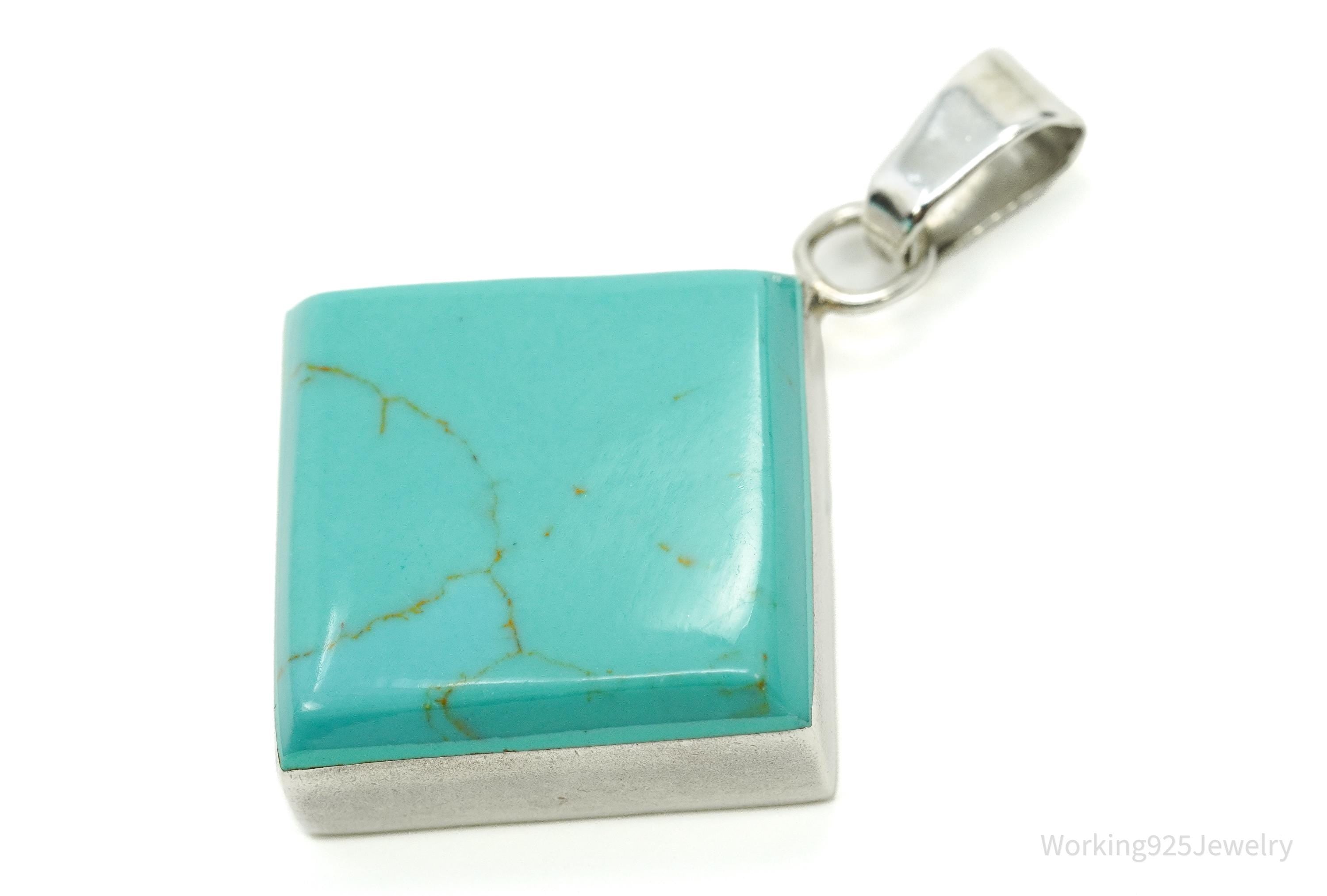 Vintage Turquoise Square Sterling Silver Necklace Pendant