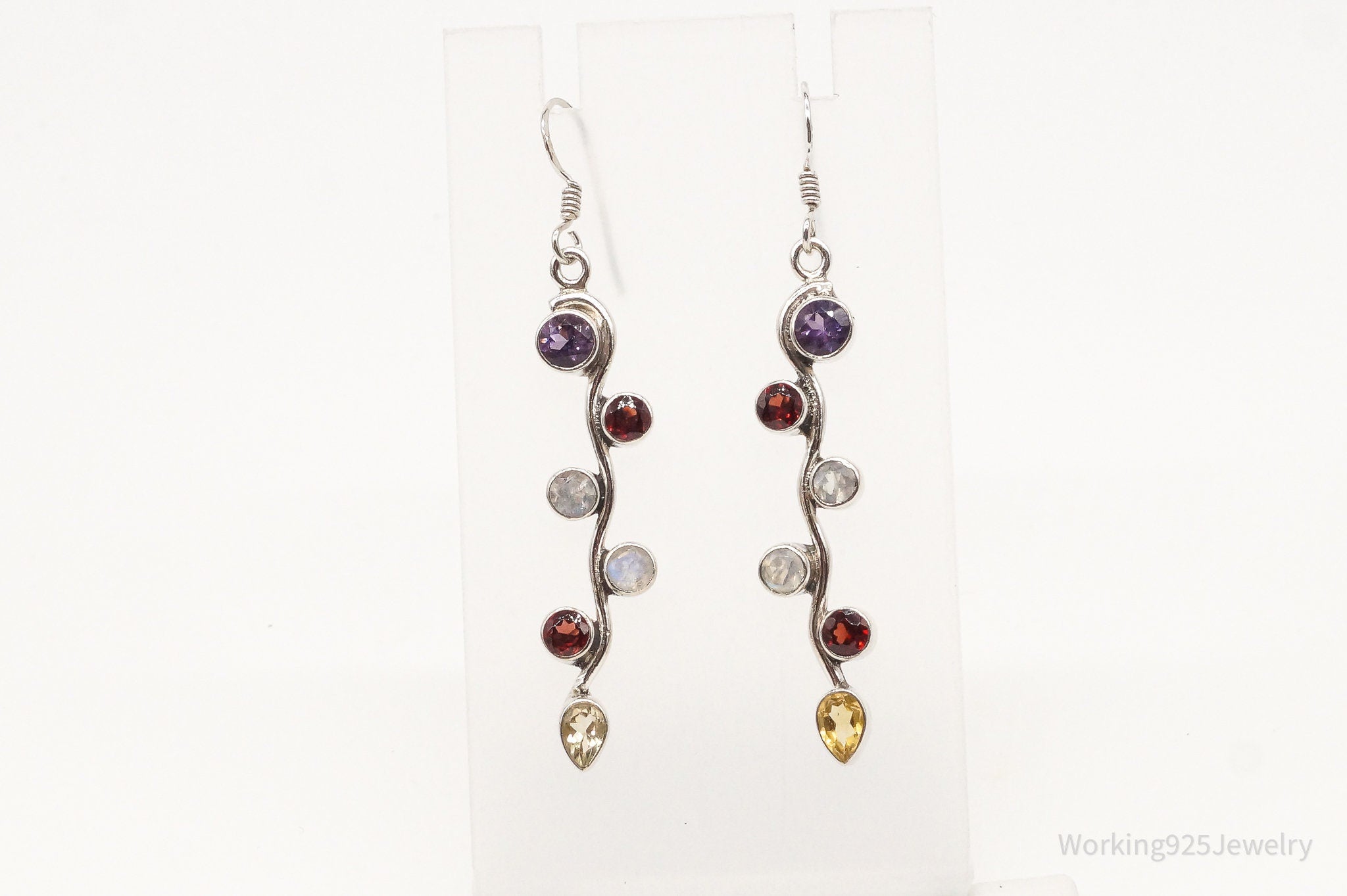 Vintage Multi Gemstones Sterling Silver Dangle Earrings