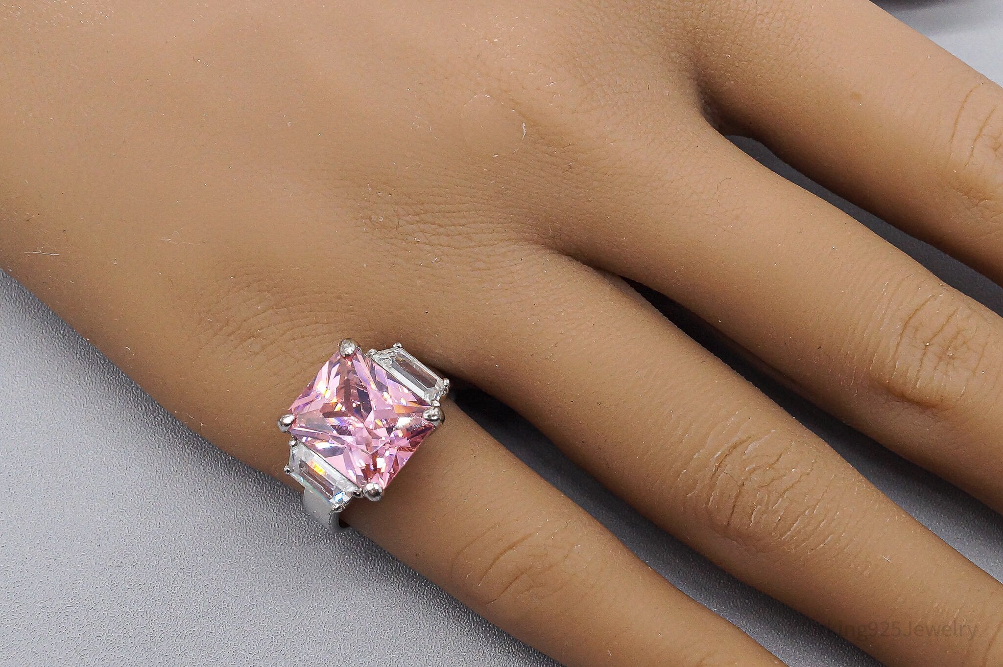 Vintage Large Pink & White Cubic Zirconia Rhodium Over Sterling Silver Ring - Size 6