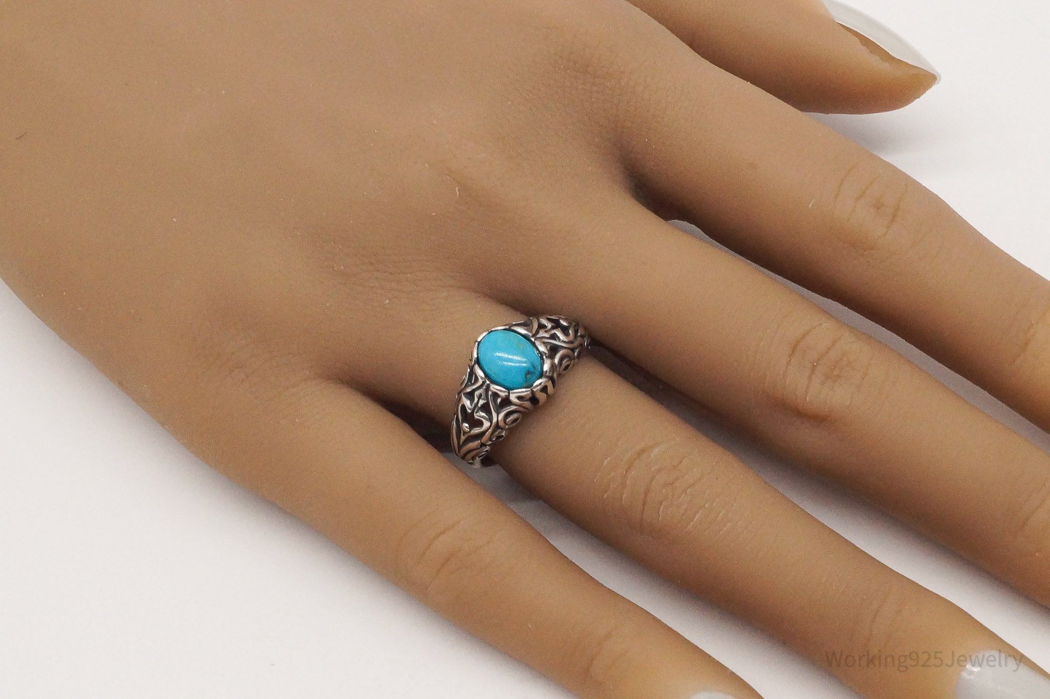 Vintage Blue Turquoise Scroll Swirl Sterling Silver Ring - Size 7.25