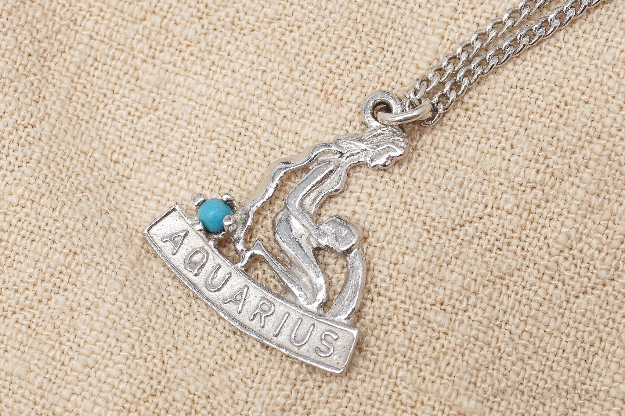 Vintage Aquarius Zodiac Sign Turquoise Sterling Silver Necklace 15"