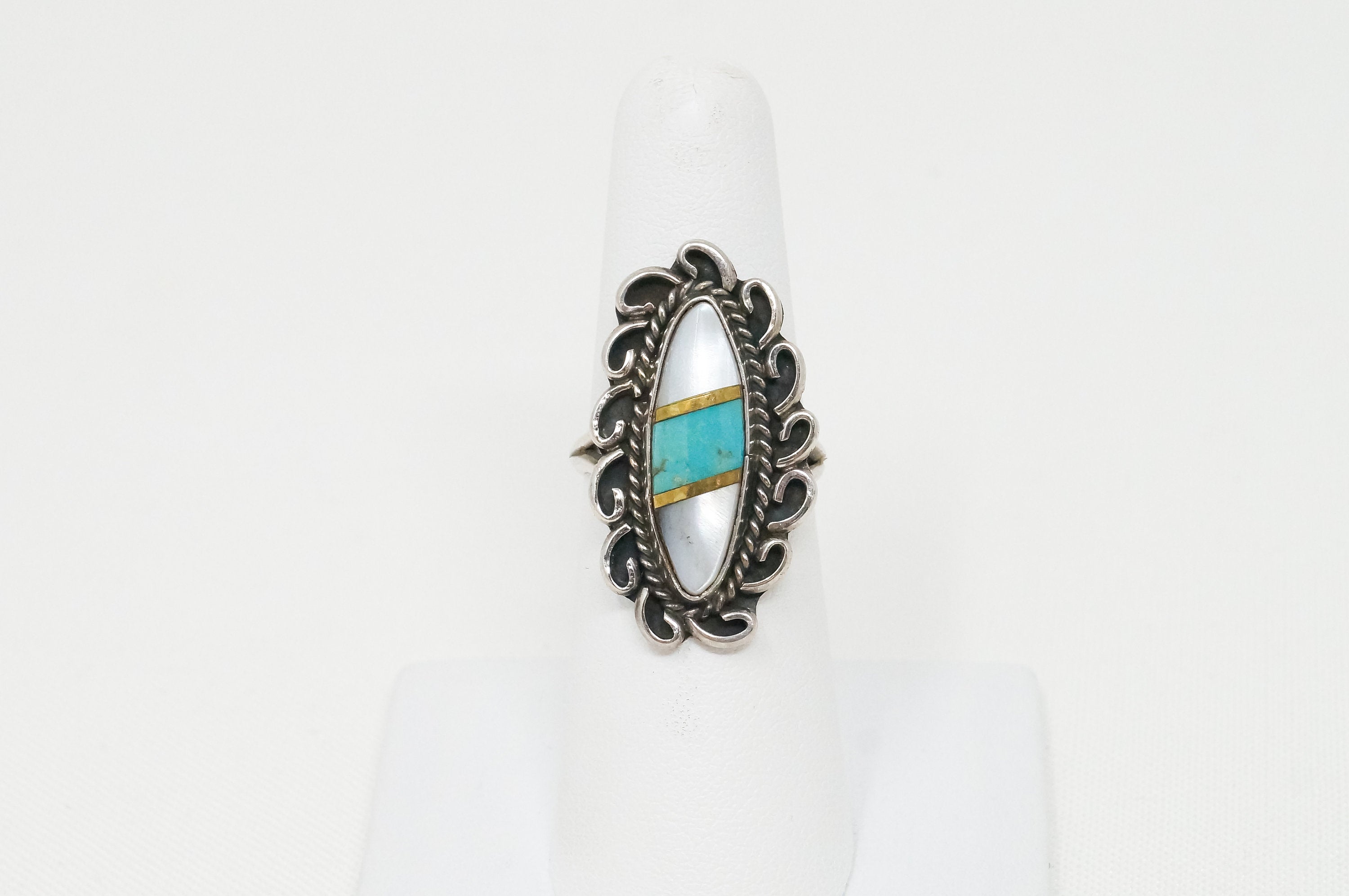 Vintage Native America James Harrison MOP Turquoise Sterling Ring Sz 6