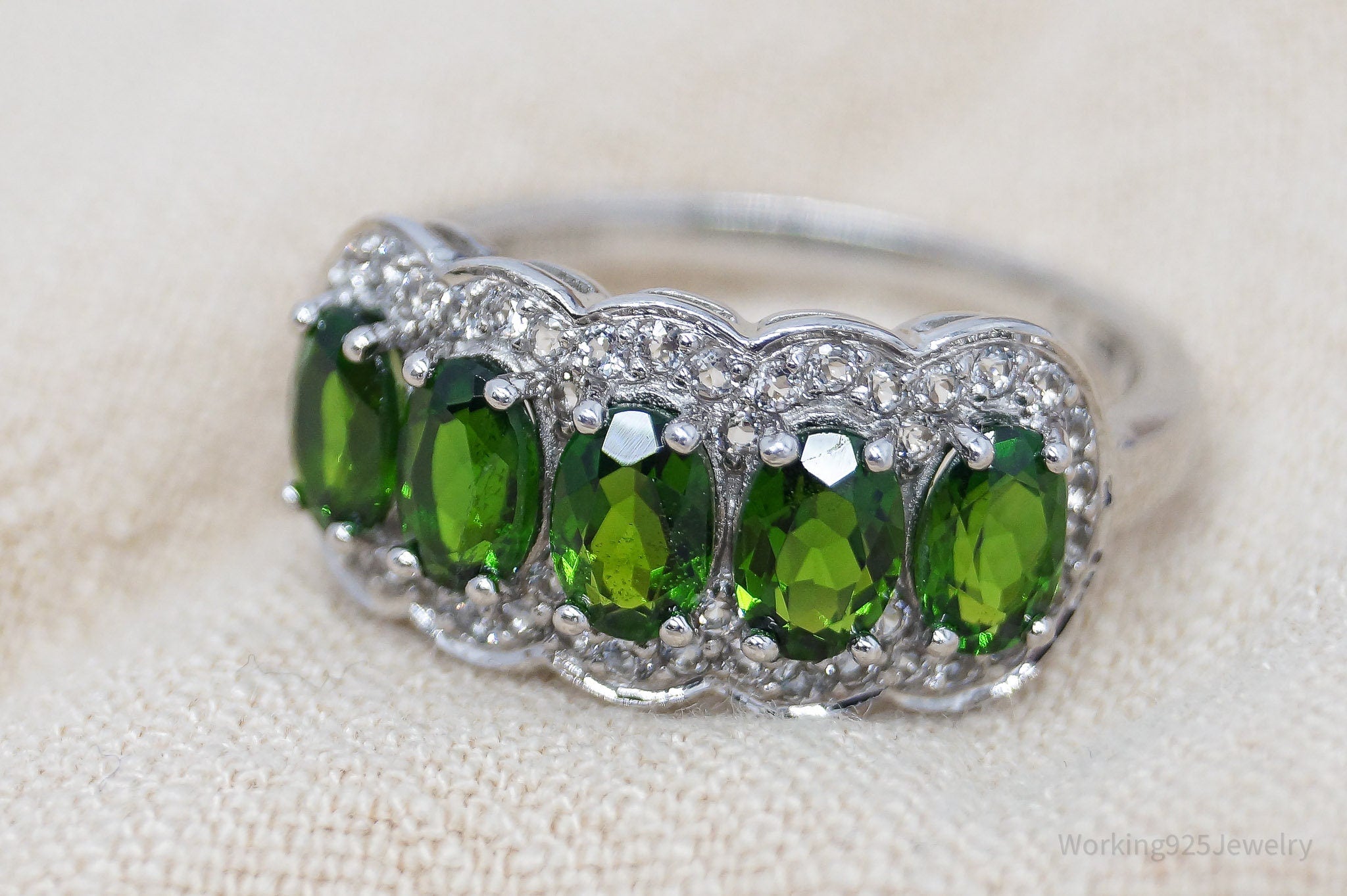 Green Chrome Diopside White Topaz Sterling Silver Ring - Size 9.75