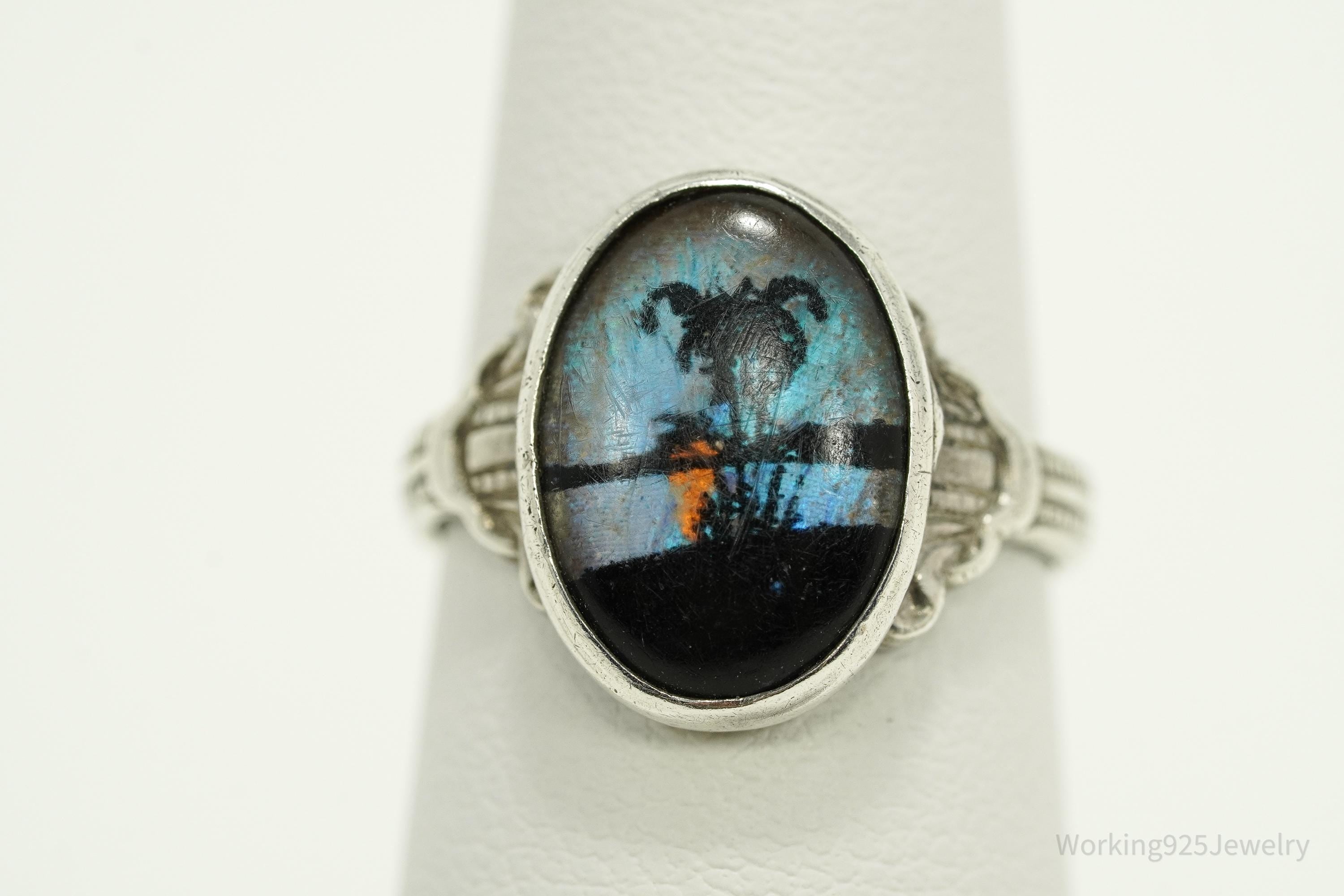 Antique Butterfly Wing Beach Scene Sterling Silver Ring - Size 6