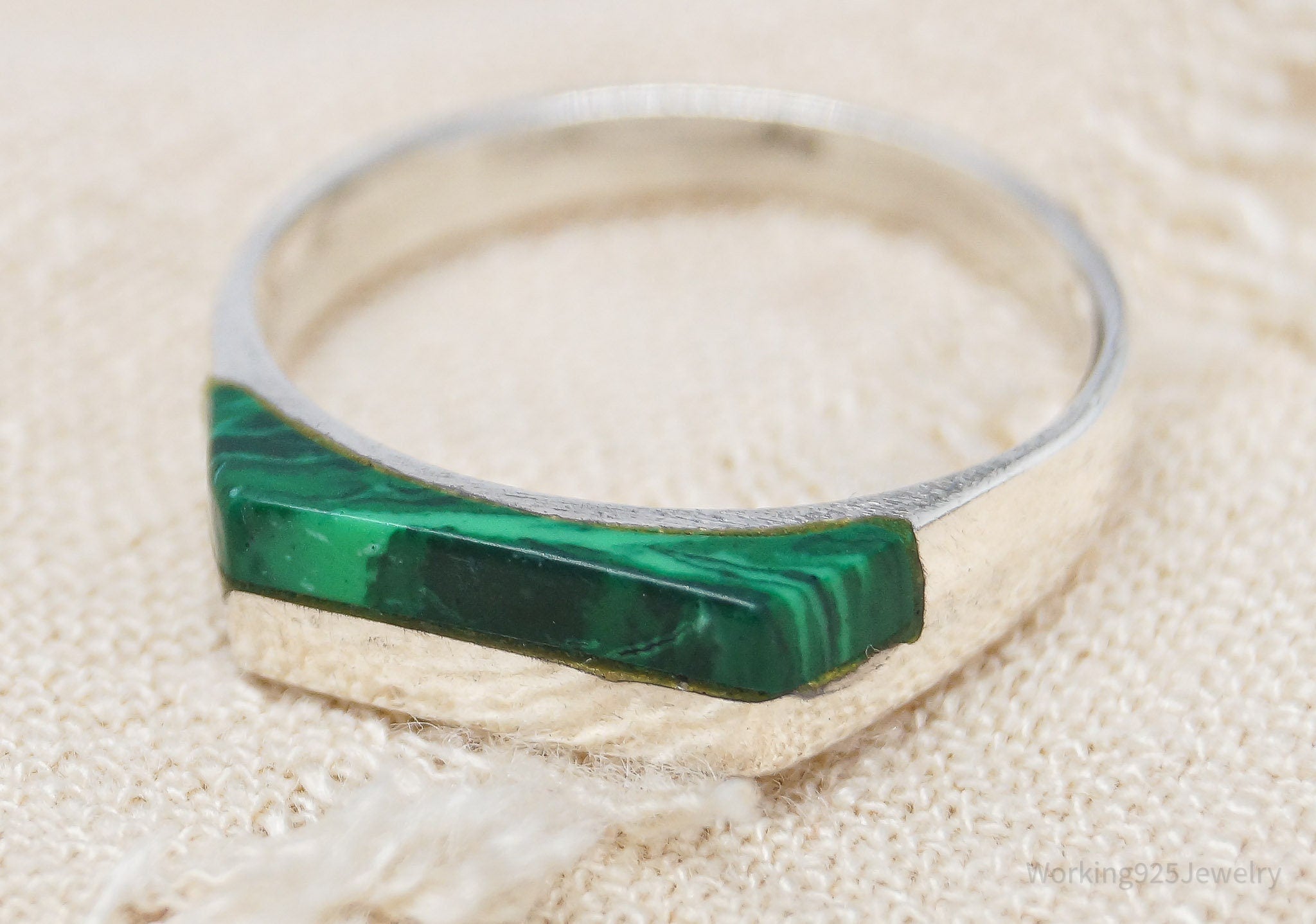 Vintage Malachite Modernist Style Sterling Silver Ring - Size 7.5