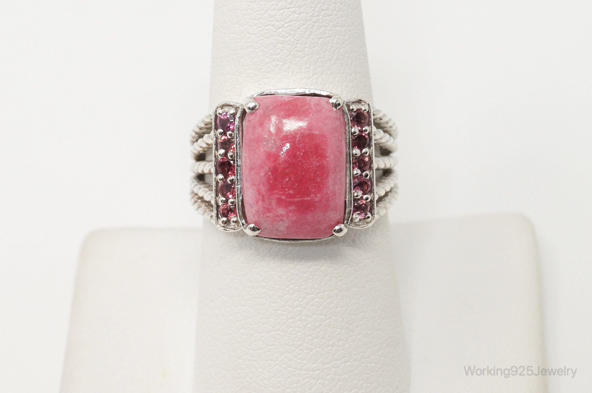 Vintage Thulite Pink CZ Cable Sterling Silver Statement Ring - Size 8