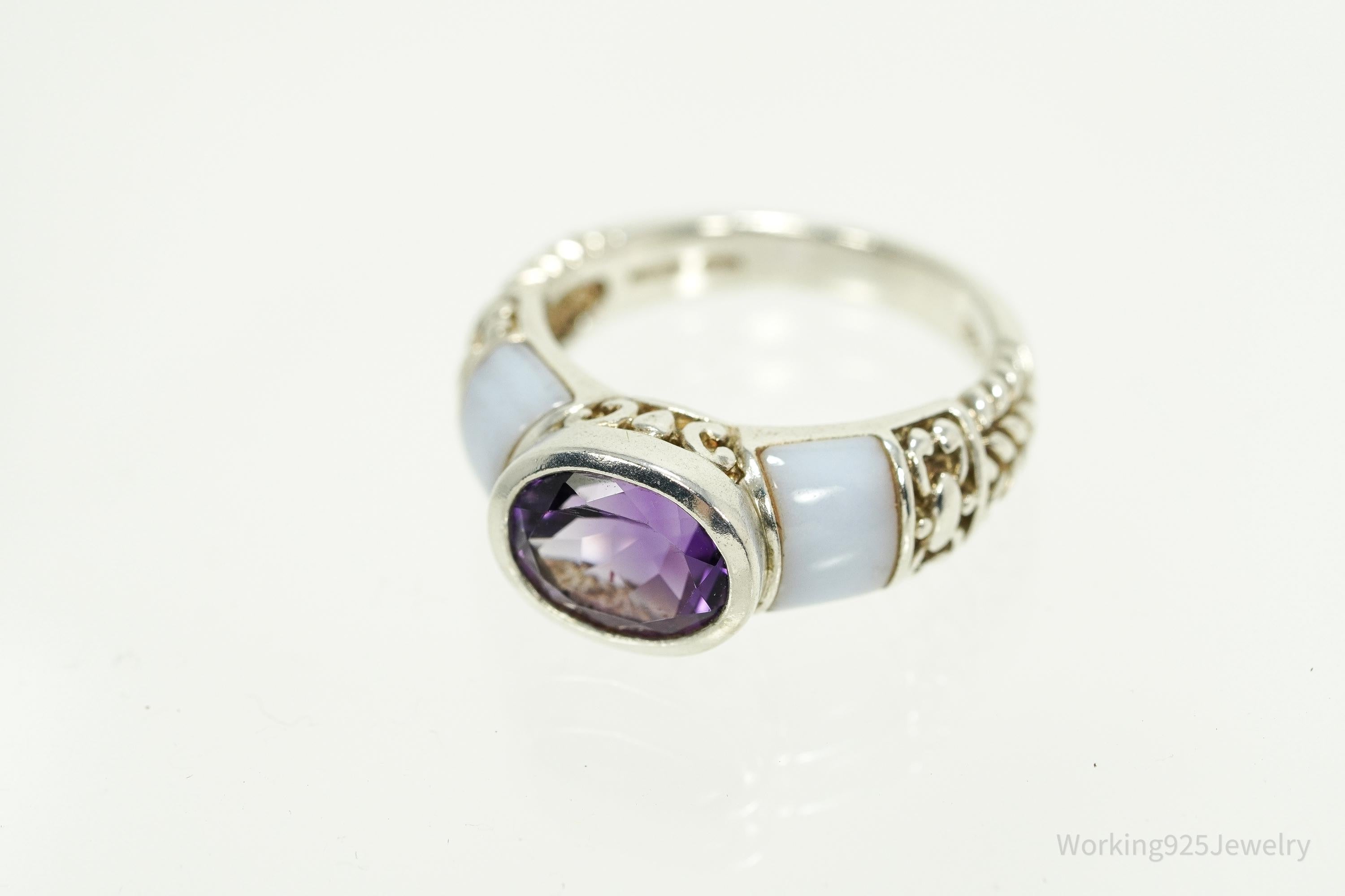 Vintage Amethyst & Blue Chalcedony Sterling Silver Ring - Size 8.25