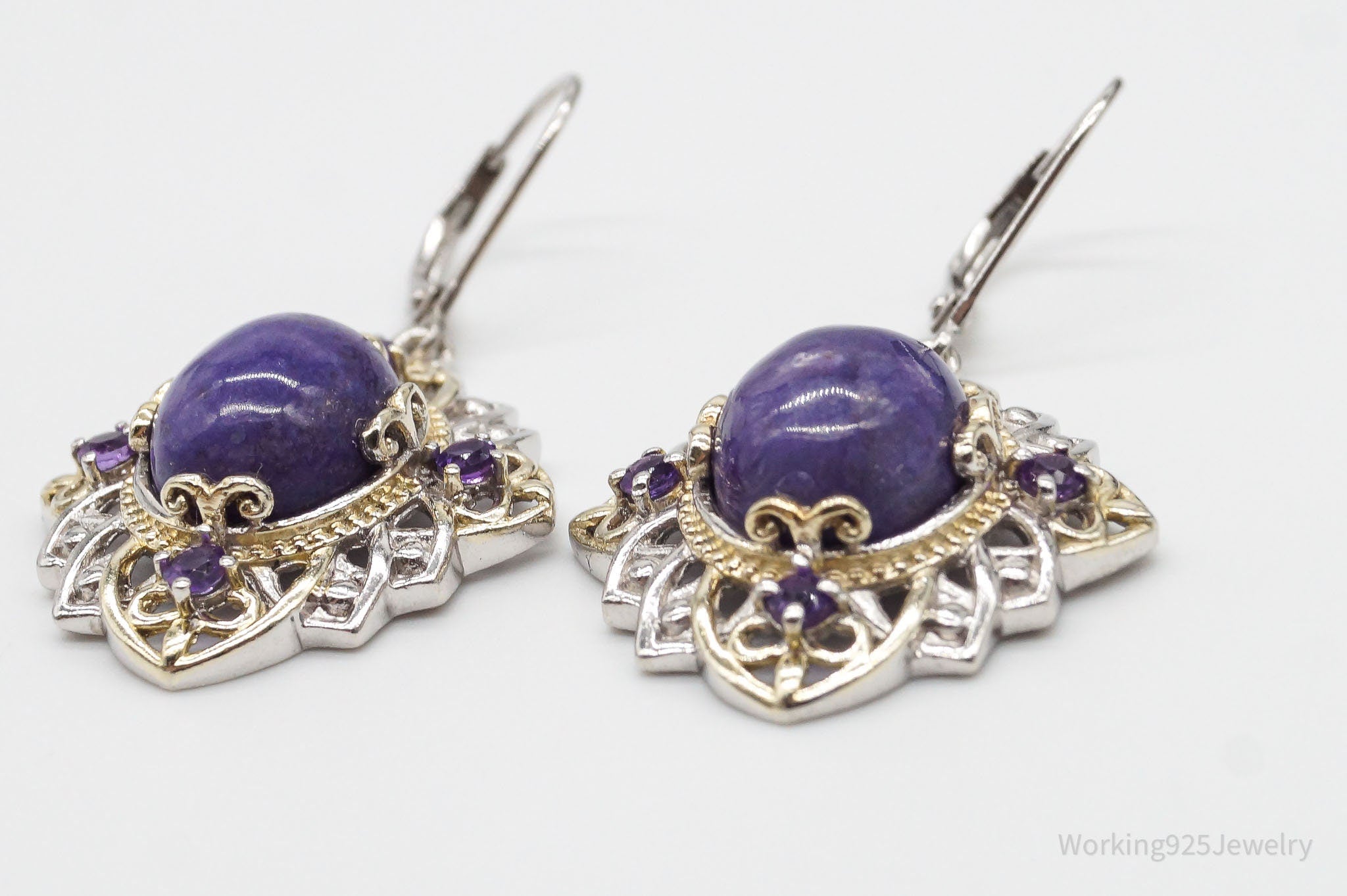 Vintage Charoite Amethyst Gold Vermeil Sterling Silver Earrings