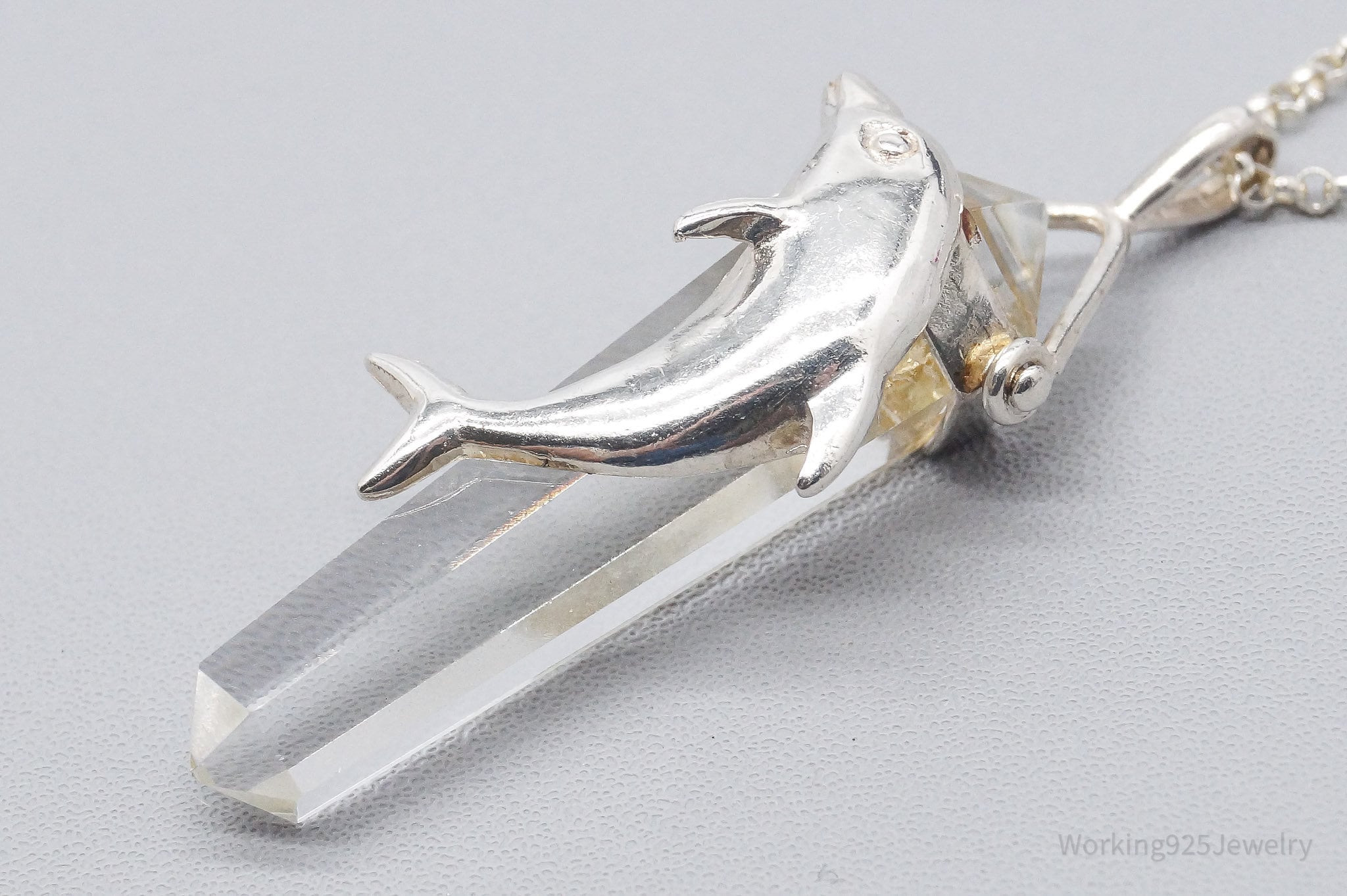 Vintage Dolphin & Crystal Sterling Silver Necklace 18"