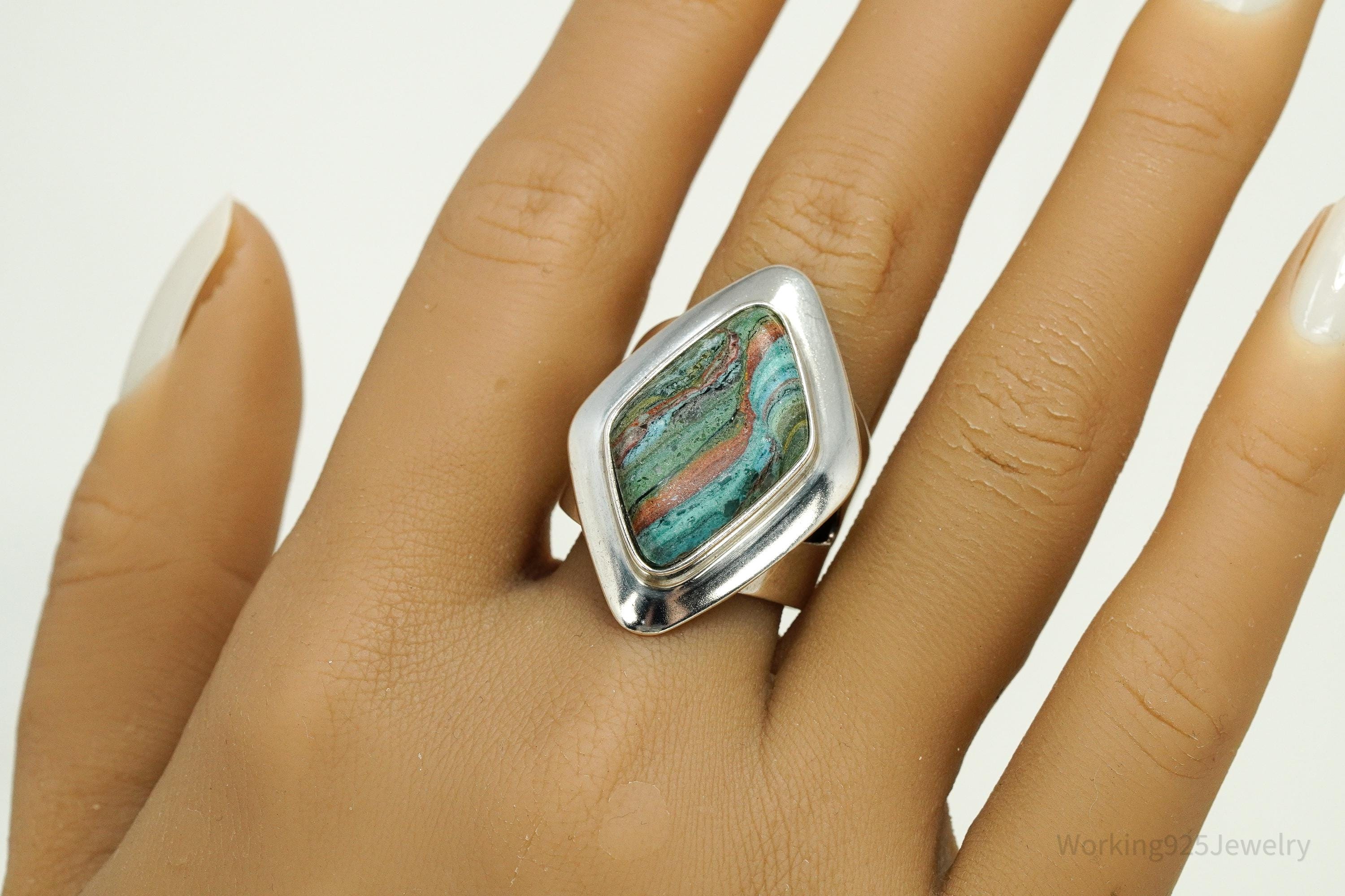 VTG Jay King Desert Rose Trading Rainbow Calsilica Sterling Silver Ring - Size 10