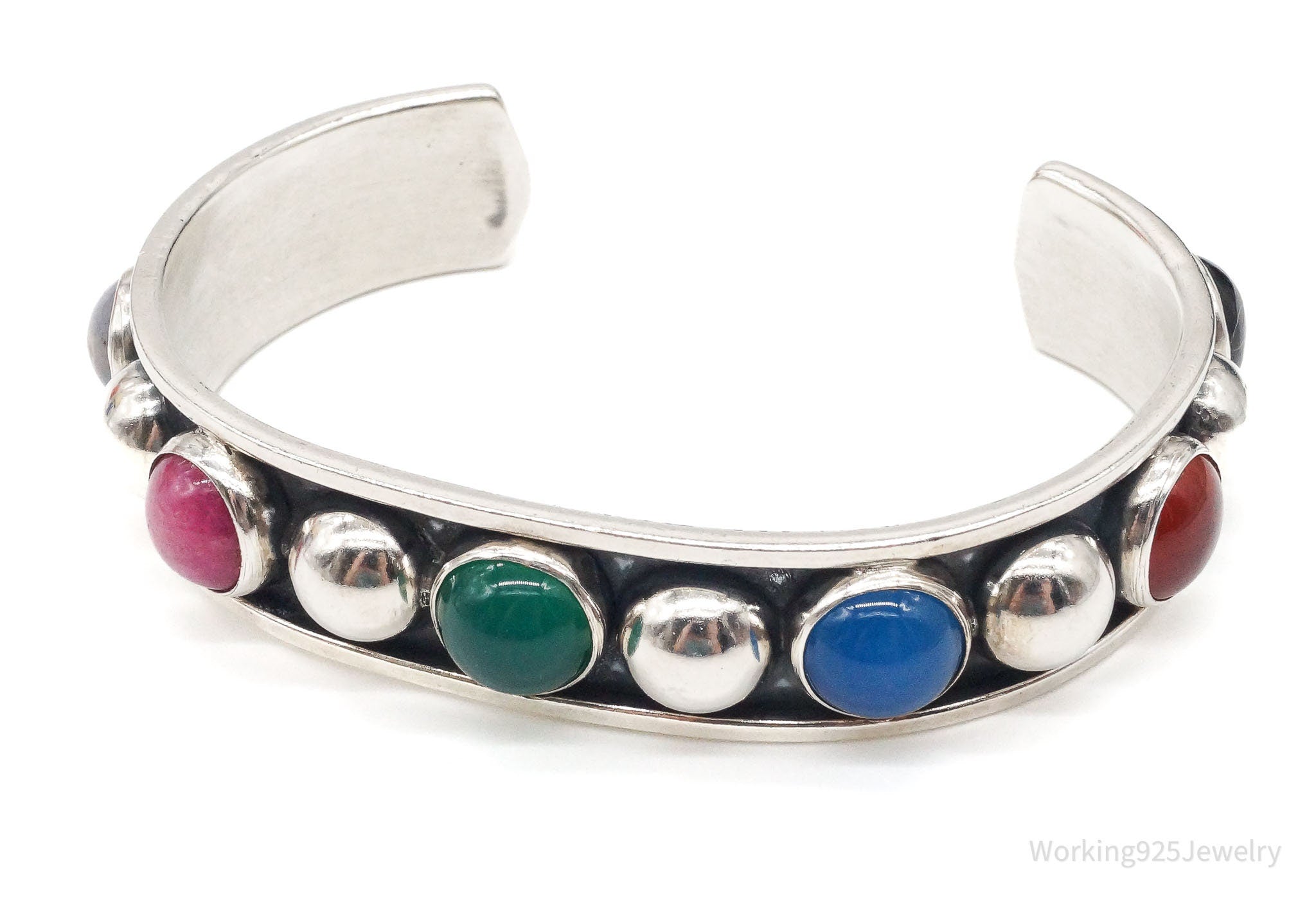 Vintage Mexico Multi Gemstone Sterling Silver Cuff Bracelet