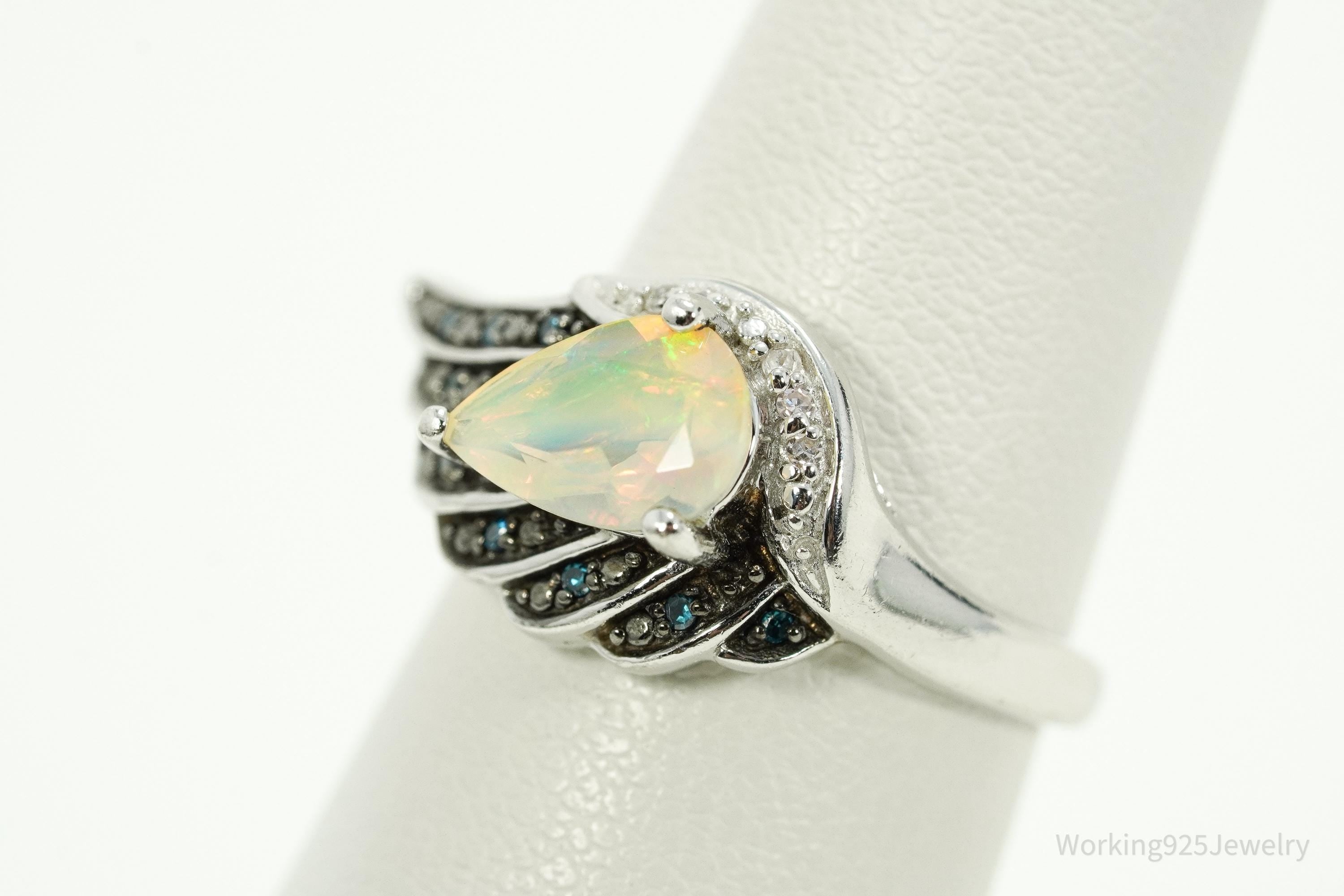 Vintage KH Opal & Diamond Sterling Silver Ring - Size 6