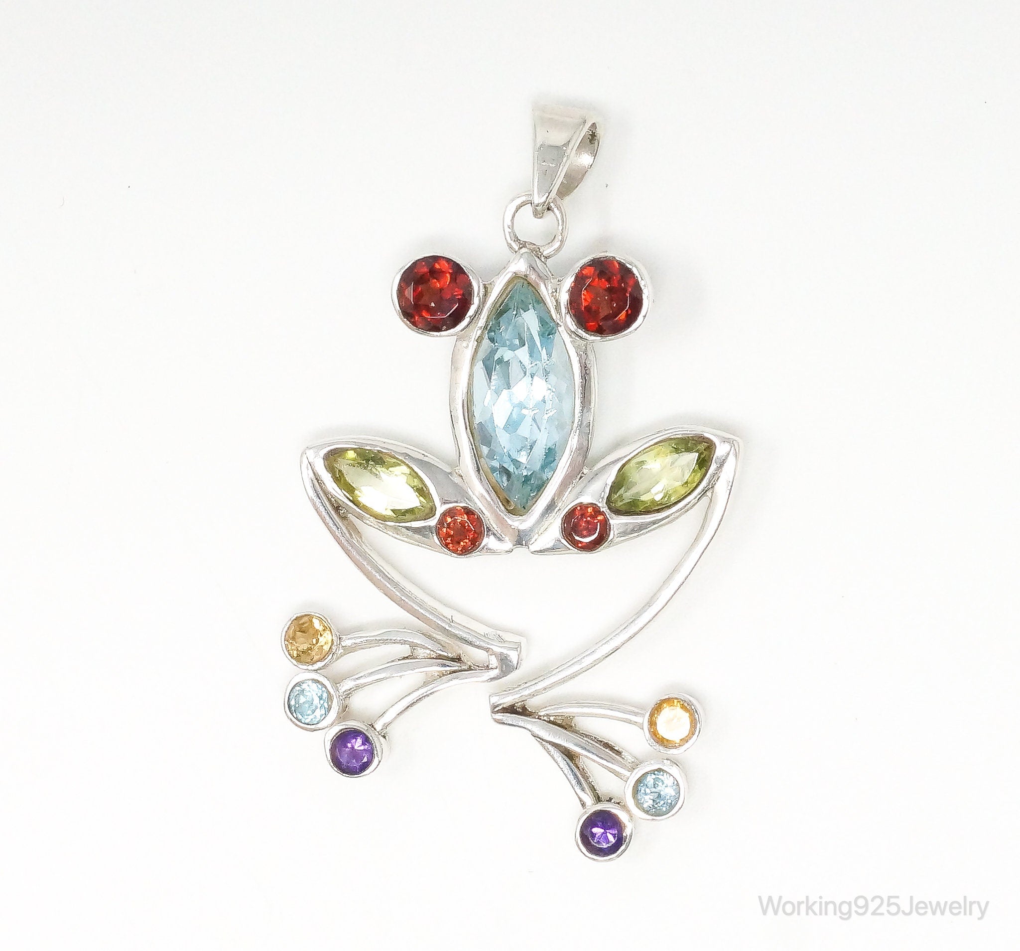 Vintage Multi Gem Tree Frog Sterling Silver Necklace Pendant