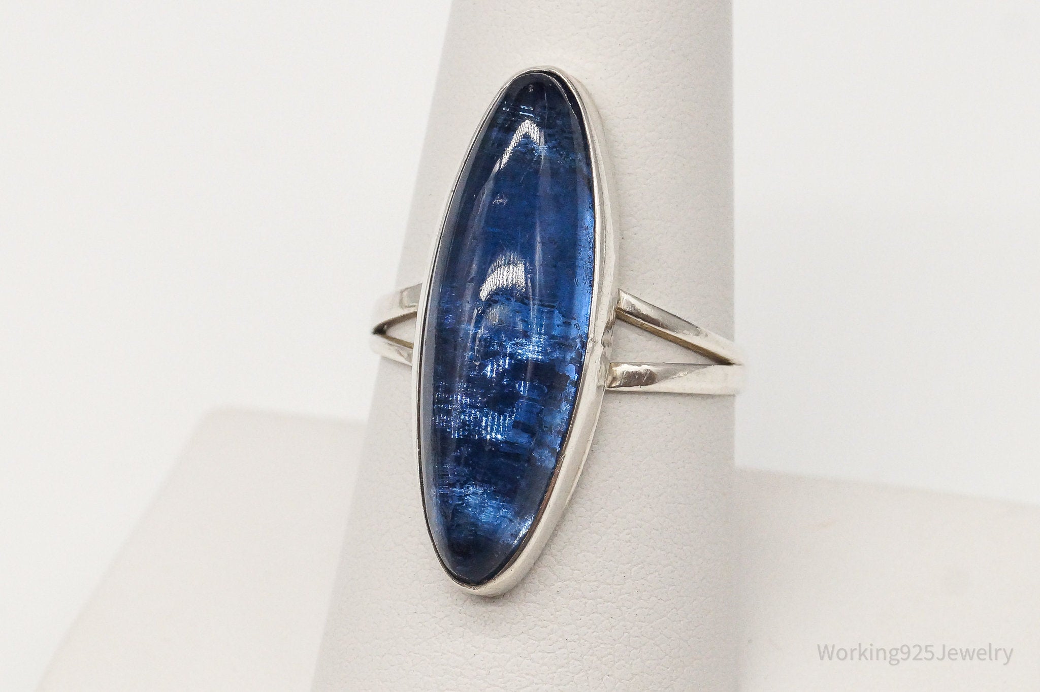 Vintage Mexico Modernist Sleek Blue Glass Sterling Silver Ring - Size 8.25