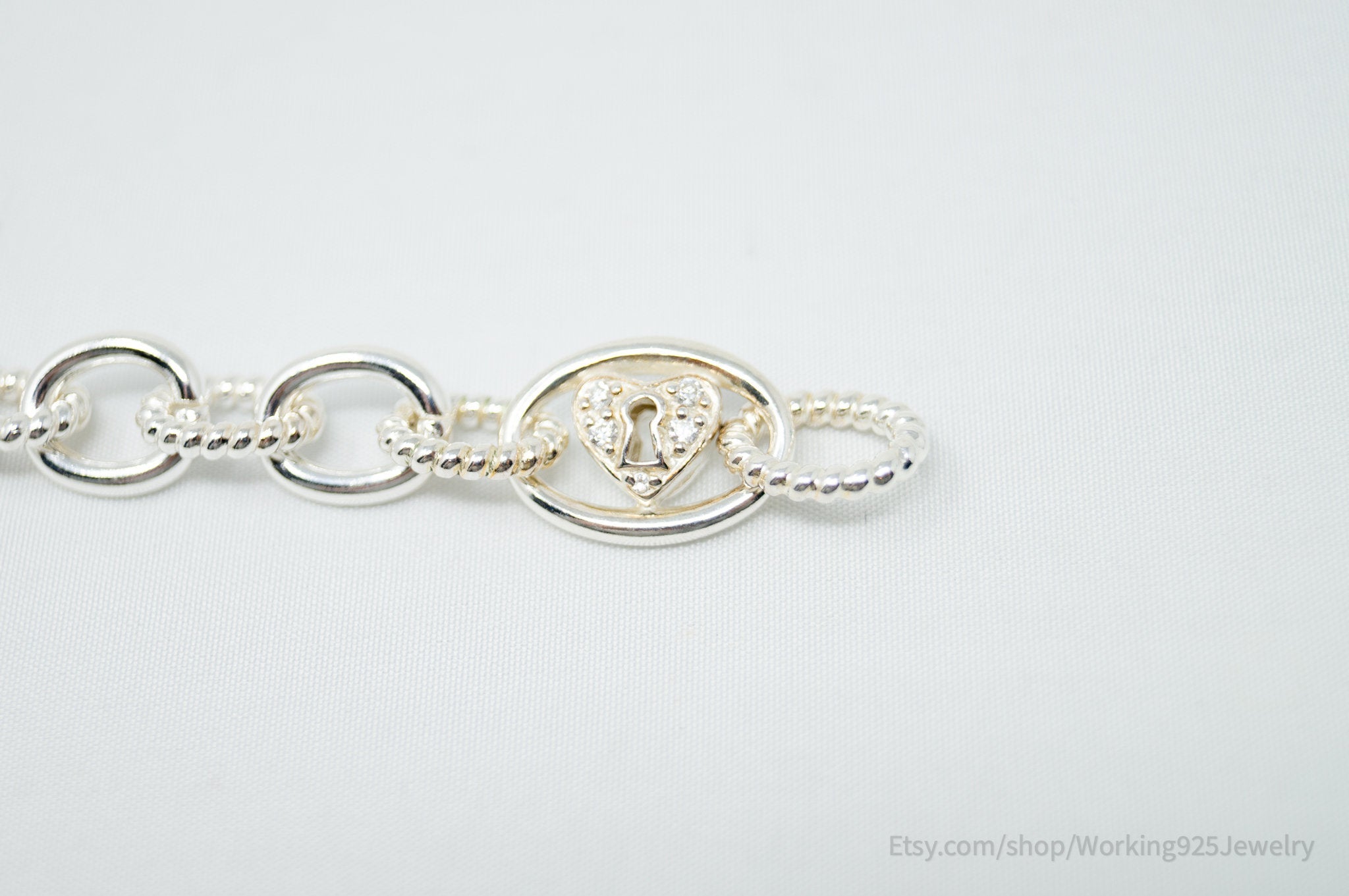 Vintage Designer Judith Ripka CZ Sterling Silver Link Heart Lock Necklace