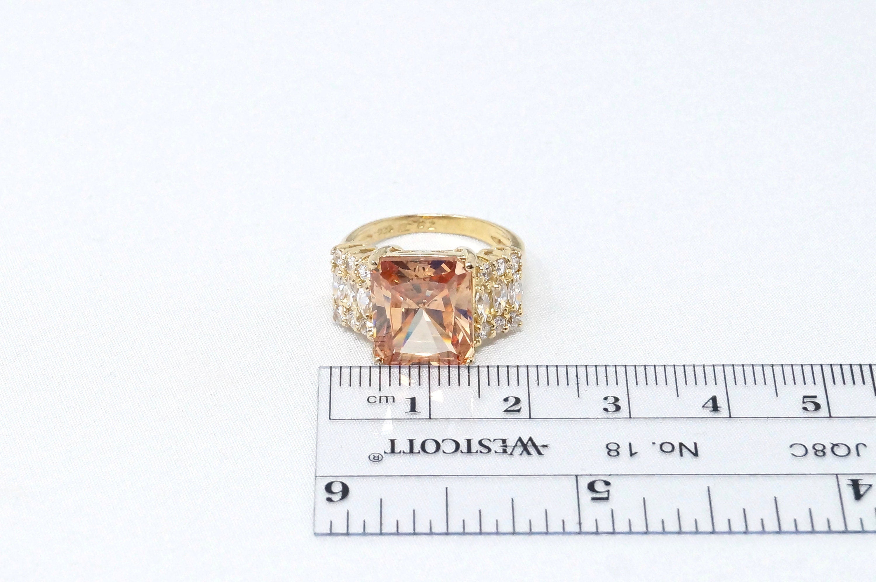 Vintage Art Deco Style Large Citrine Cz Accented Gold Vermeil Sterling Silver Statement Ring - Size 5.75