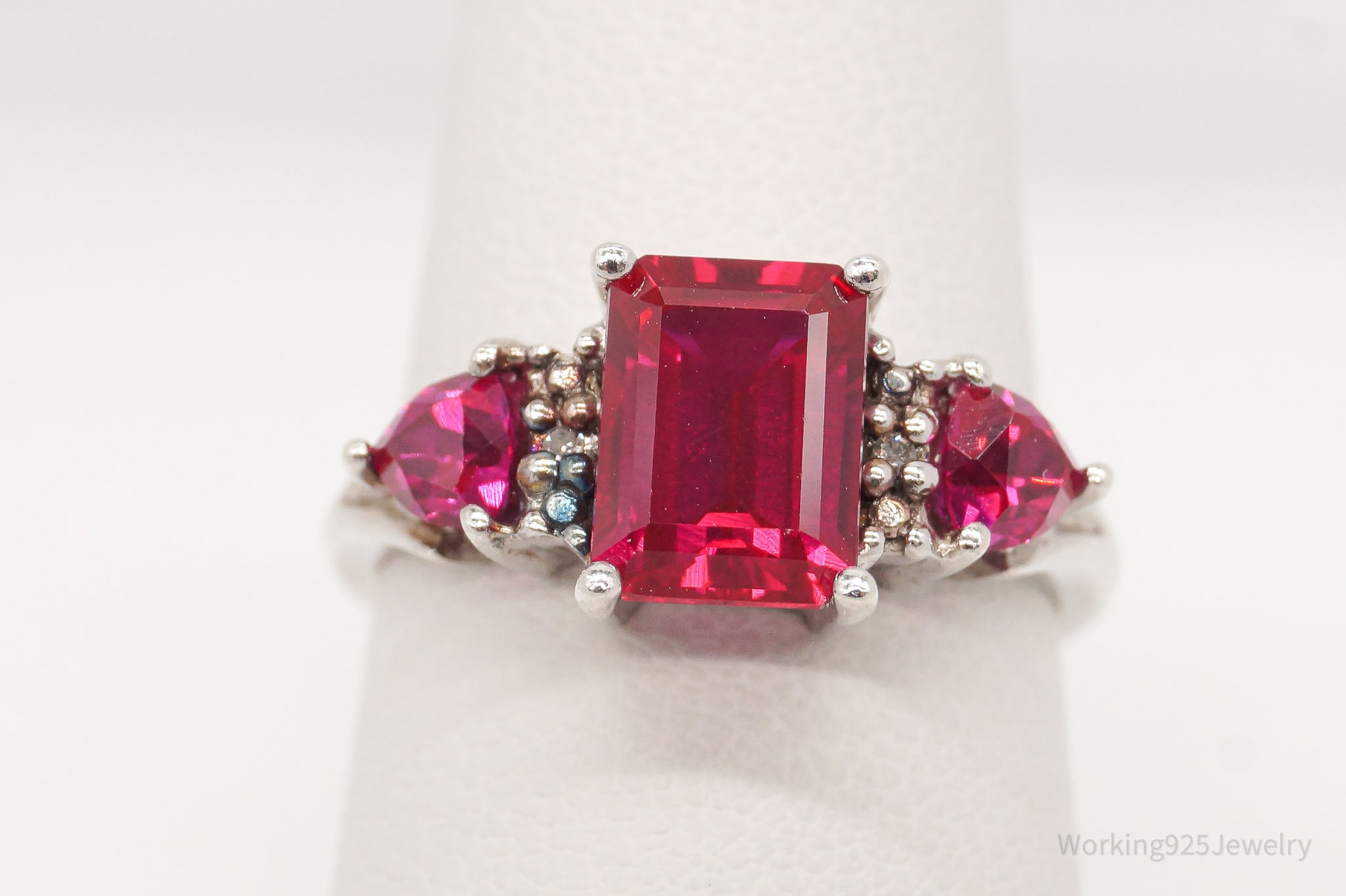 Vintage Ruby Two Diamond Sterling Silver Ring - Size 6