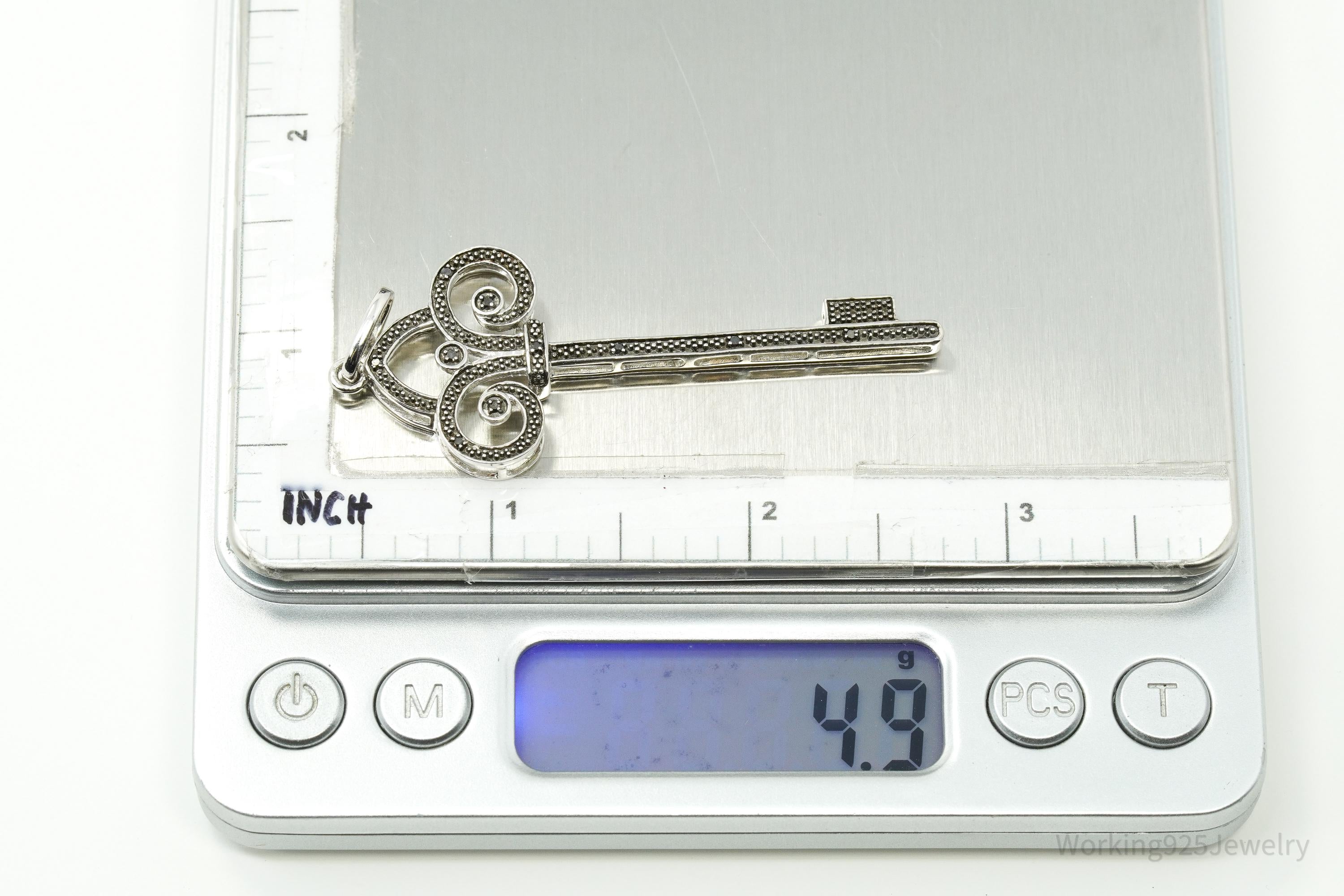 Large Designer JWBR Black Diamond Skelton Key Sterling Silver Necklace Pendant