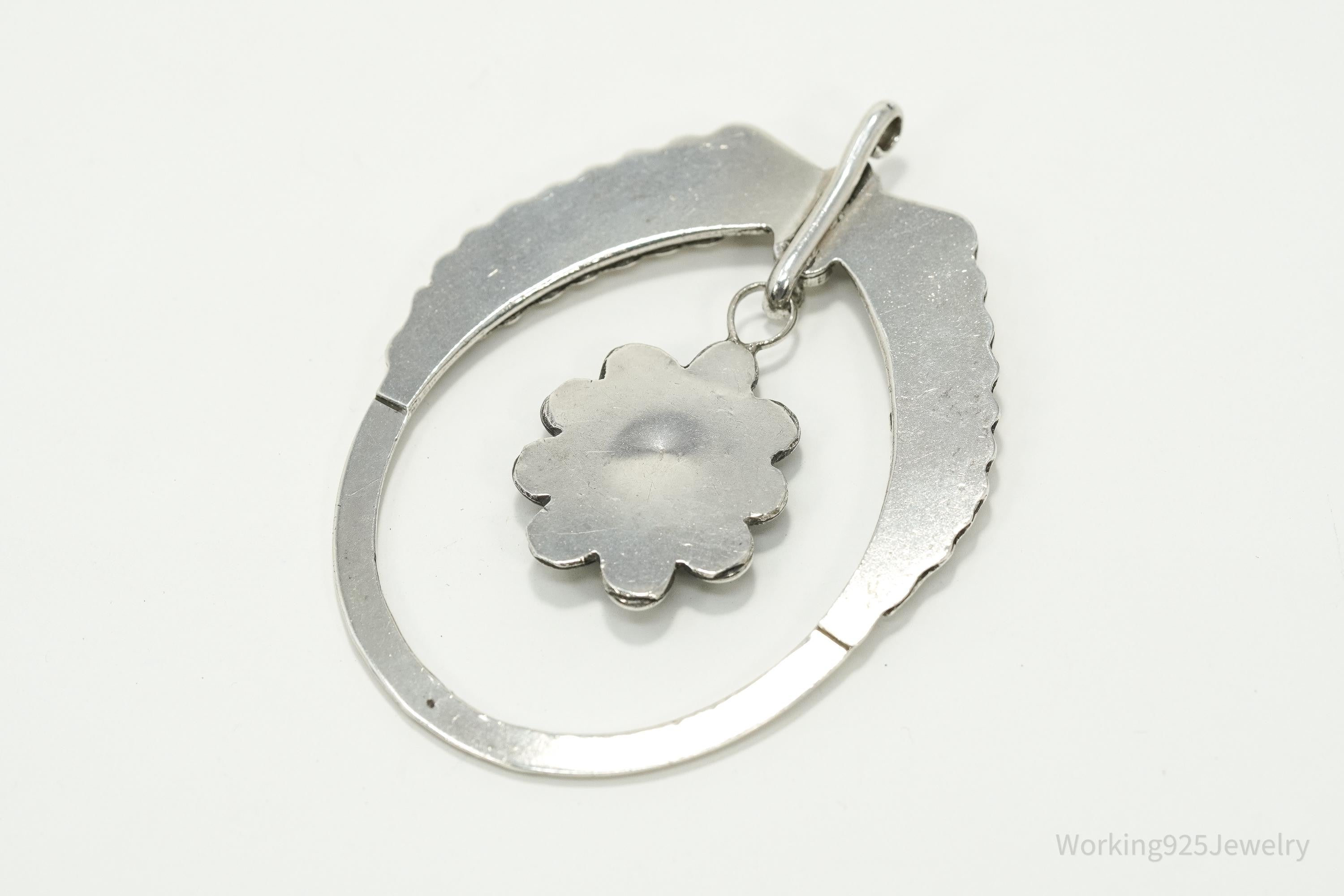 Vintage Mexican Handmade Large Turquoise Sterling Silver Pendant