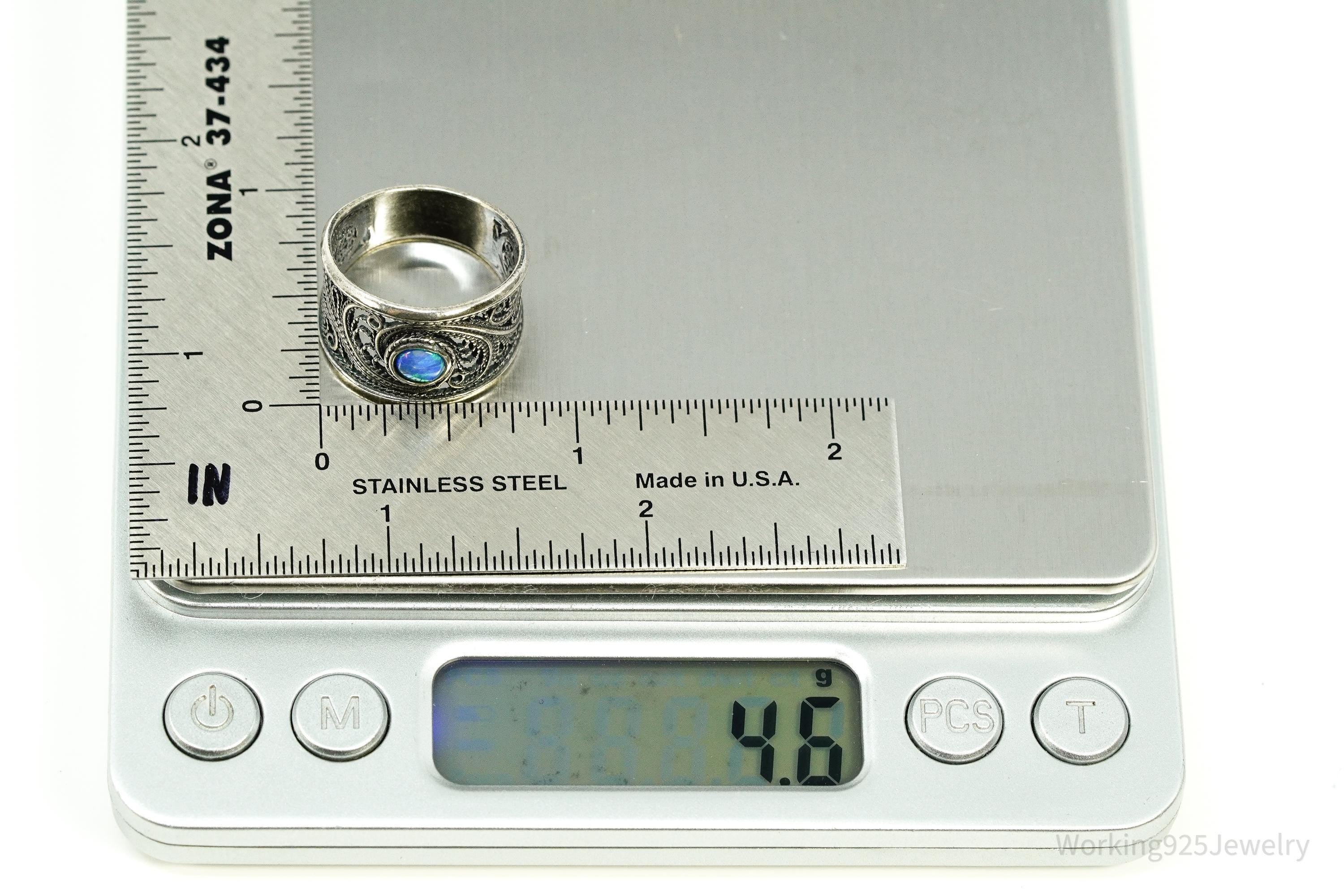 Vintage Opal Sterling Silver Filigree Ring - Size 8.25