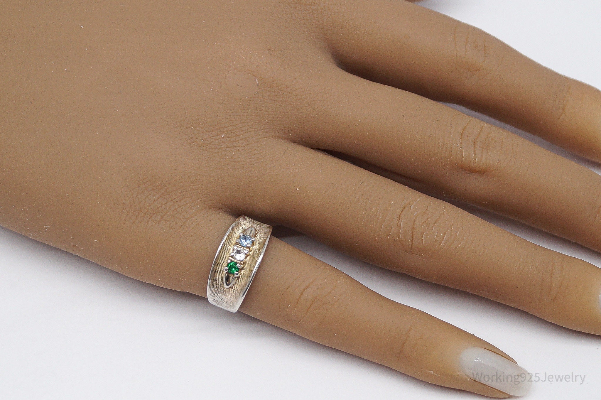 Vintage Green White & Blue Topaz Sterling Silver Band Ring - Size 6