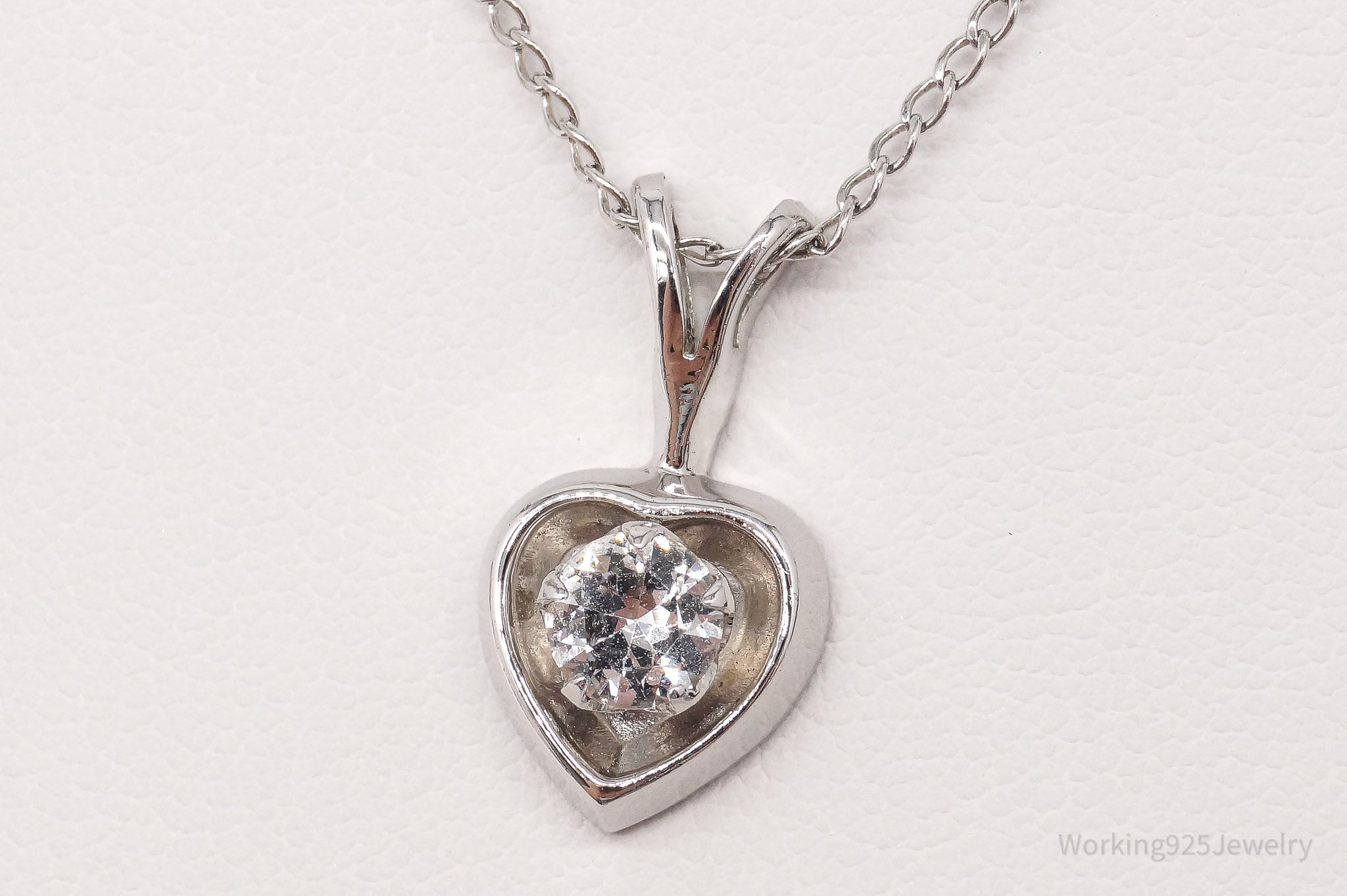 Vintage 1960s White Topaz Heart Sterling Silver Necklace 18"