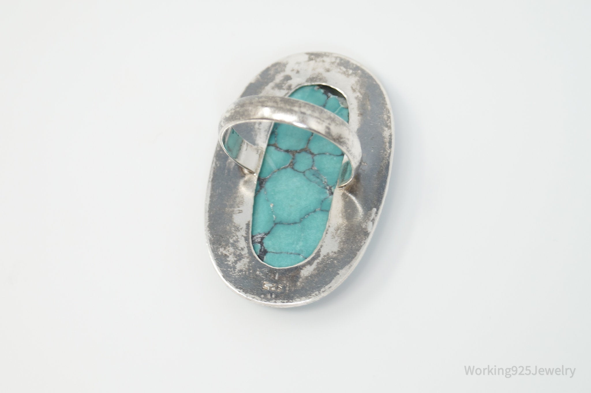 Vintage Native American Unsigned Large Turquoise Sterling Silver Ring - Sz 10.75