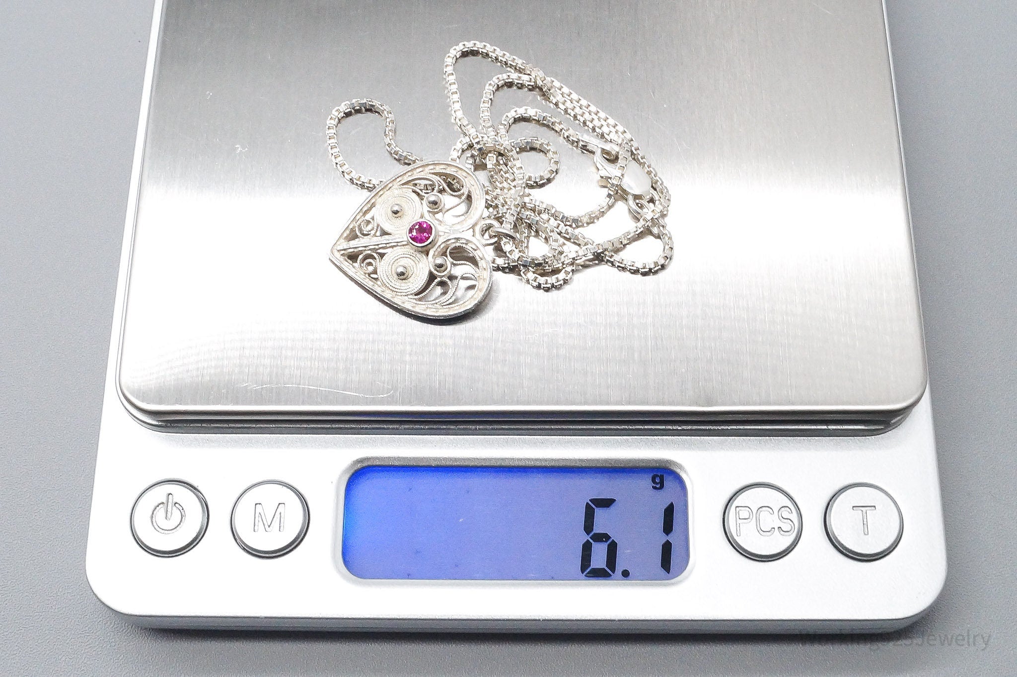 Vintage Ruby Filigree Heart Sterling Silver Chain Necklace 16"