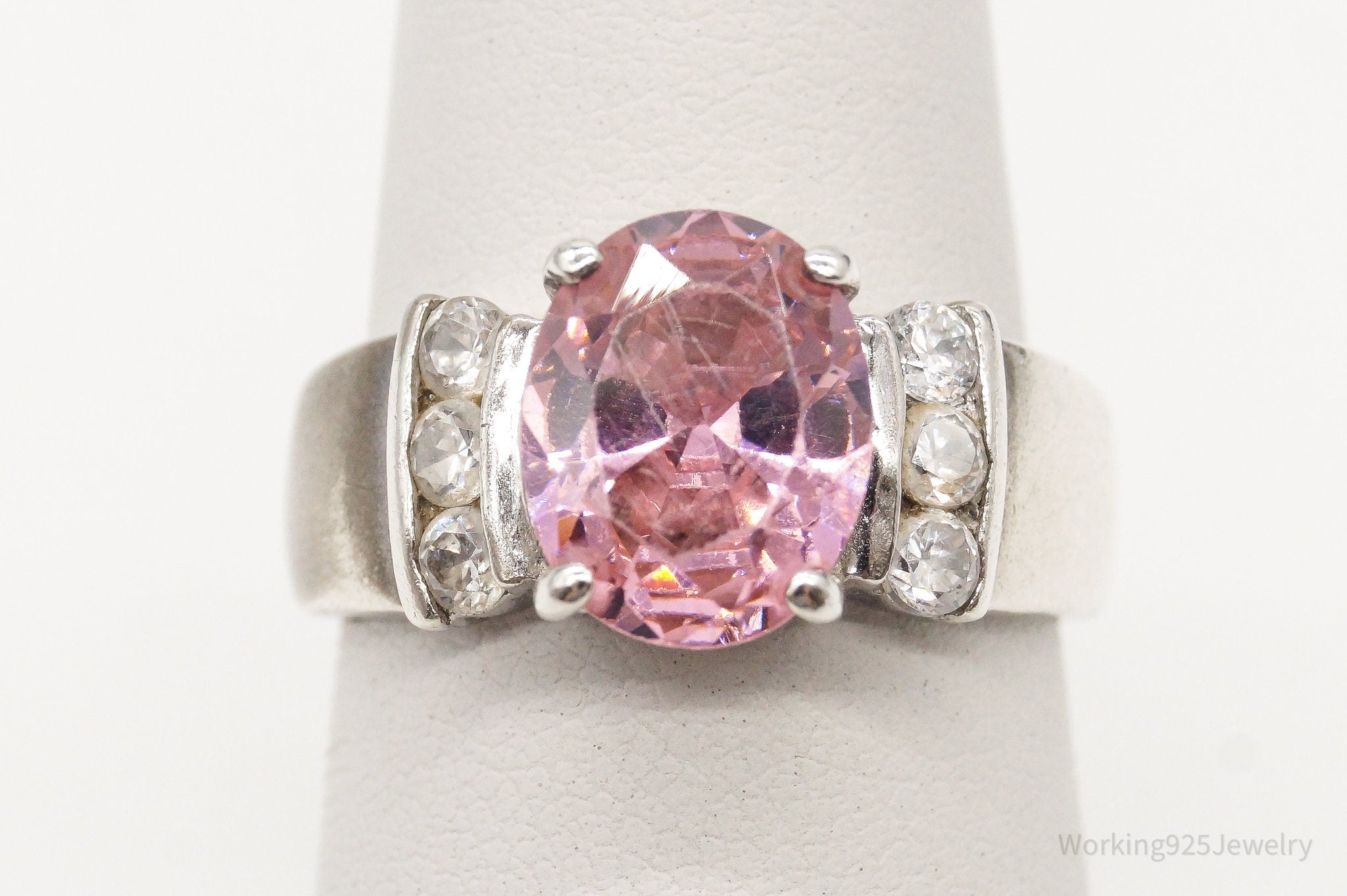 Vintage Pink & White Cubic Zirconia Sterling Silver Ring - Size 6.75