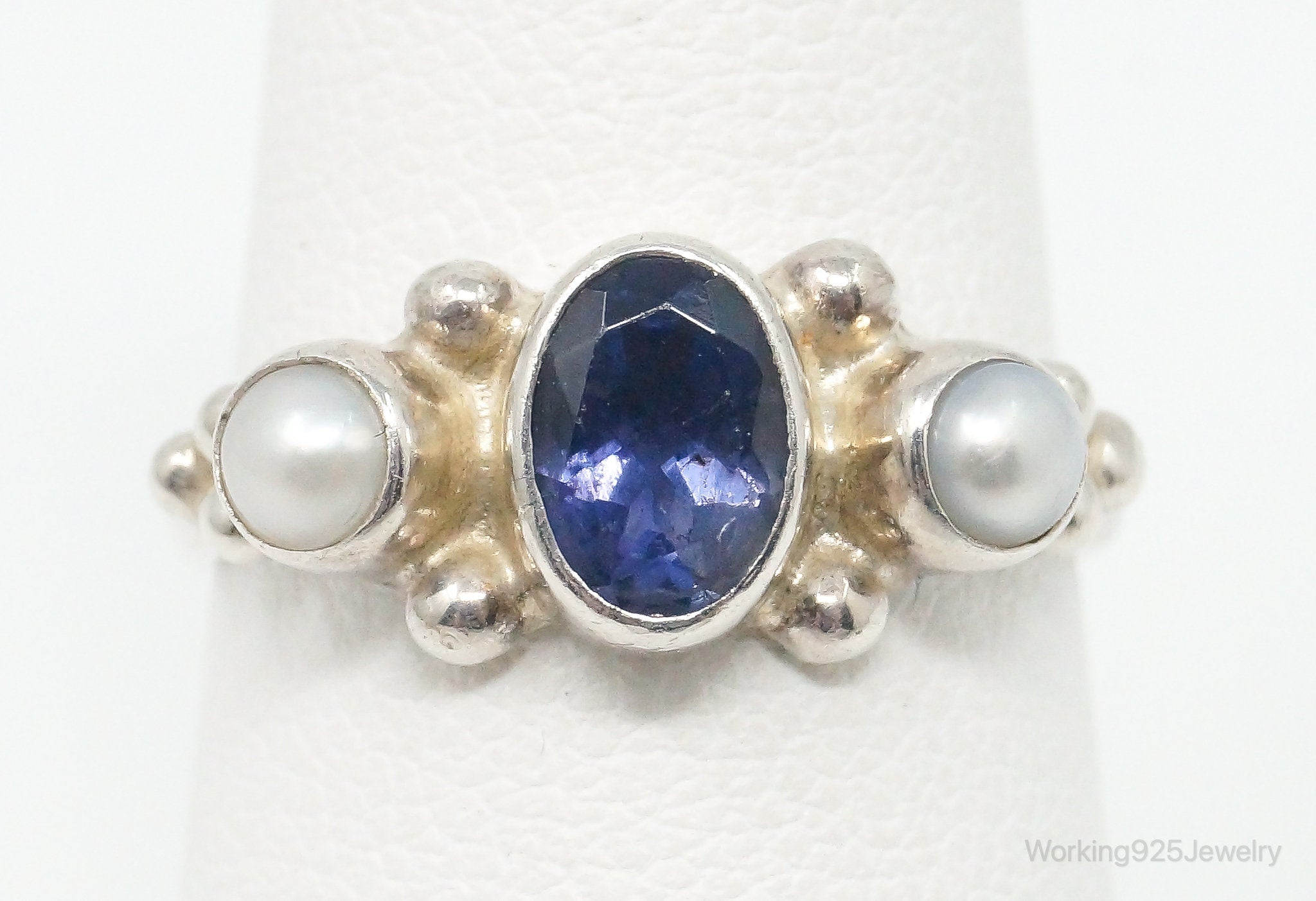 Vintage Iolite Pearl Sterling Silver Ring - Size 6.75