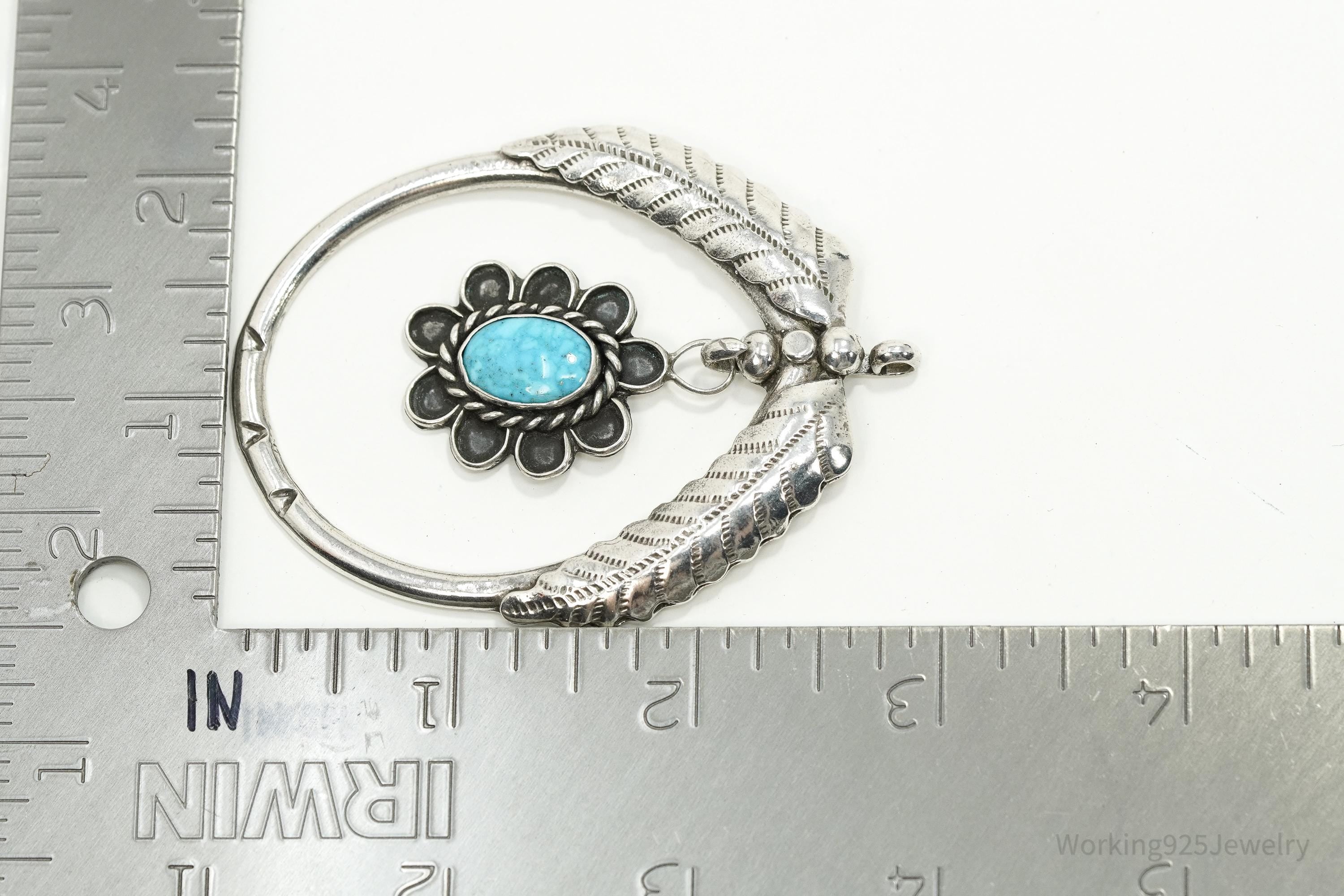 Vintage Mexican Handmade Large Turquoise Sterling Silver Pendant