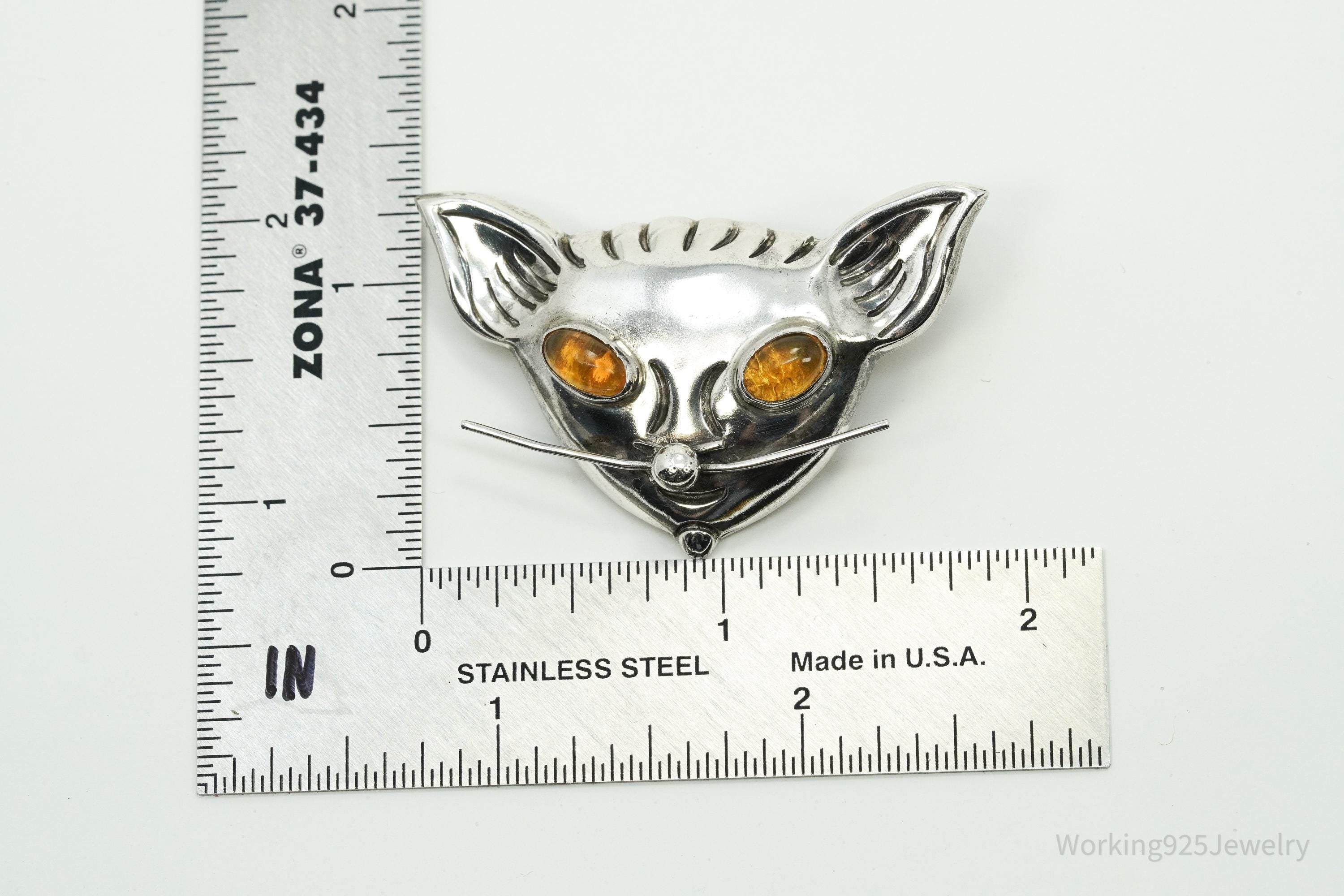 Large Vintage Mexico Amber Eyes Cat Head Sterling Silver Brooch Pin