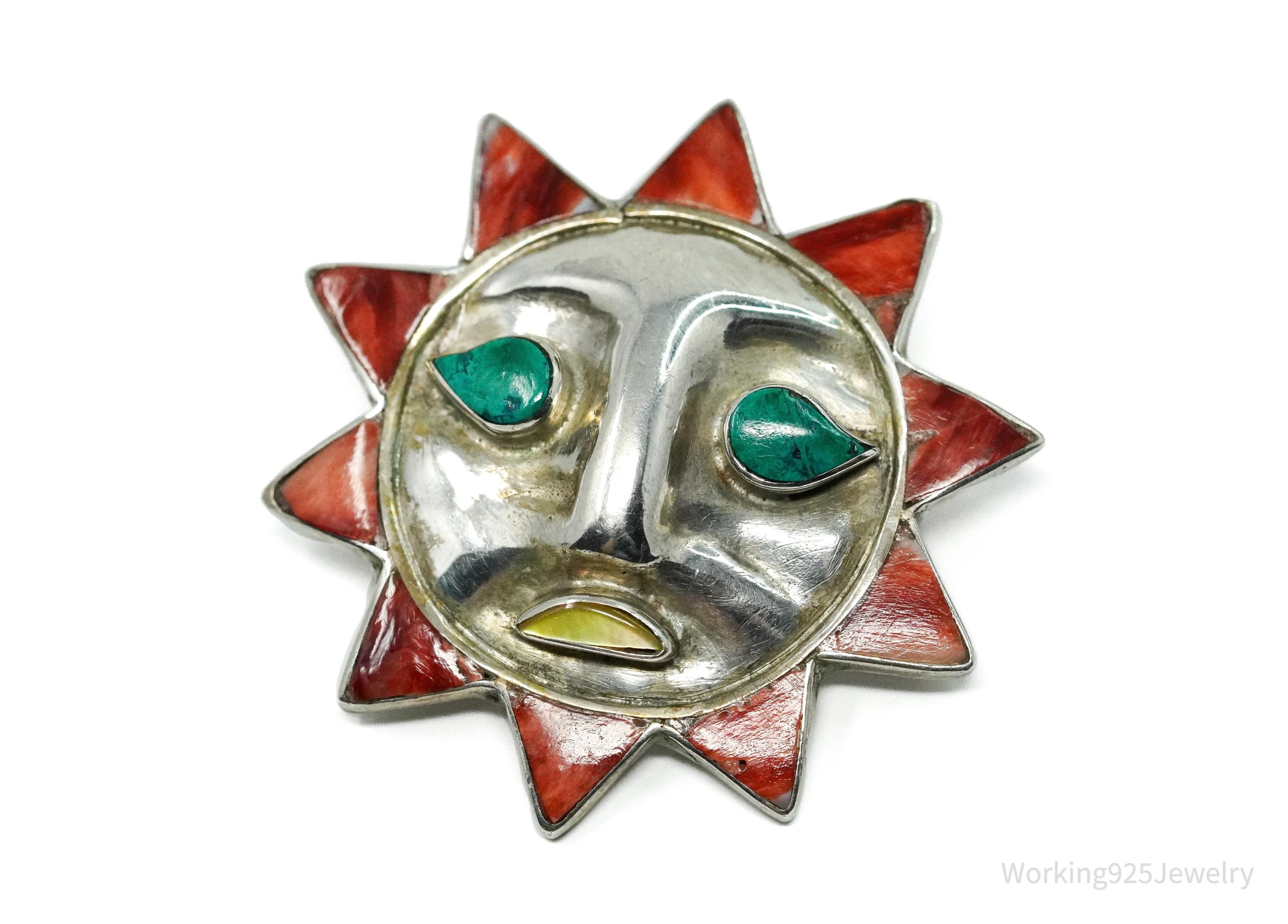 Large Vintage Multi Stone Inlay Sun Face 950 Silver Pendant