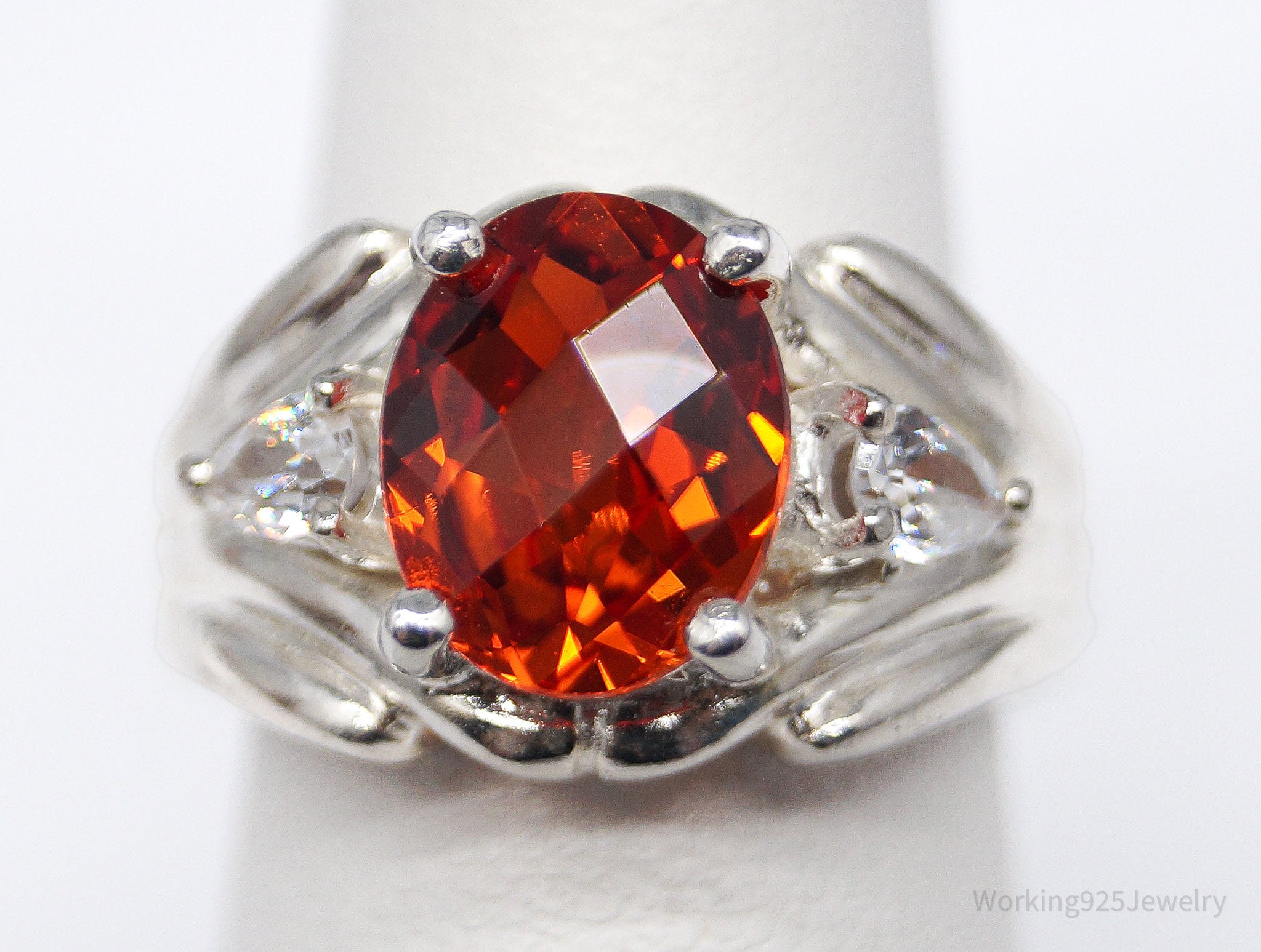Vintage CID Orange Sapphire & Cubic Zirconia Sterling Silver Ring - Size 5.5