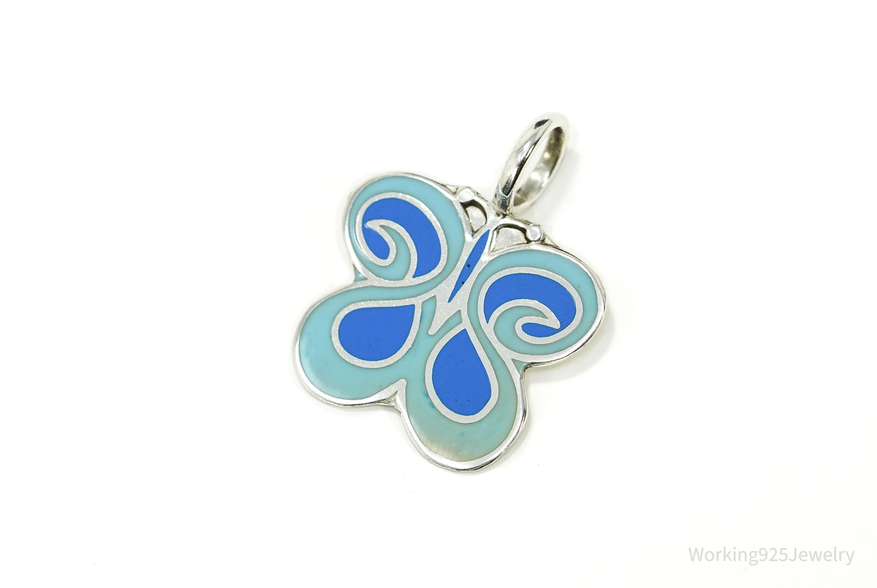 Vintage Blue Enamel Butterfly Silver Necklace Pendant