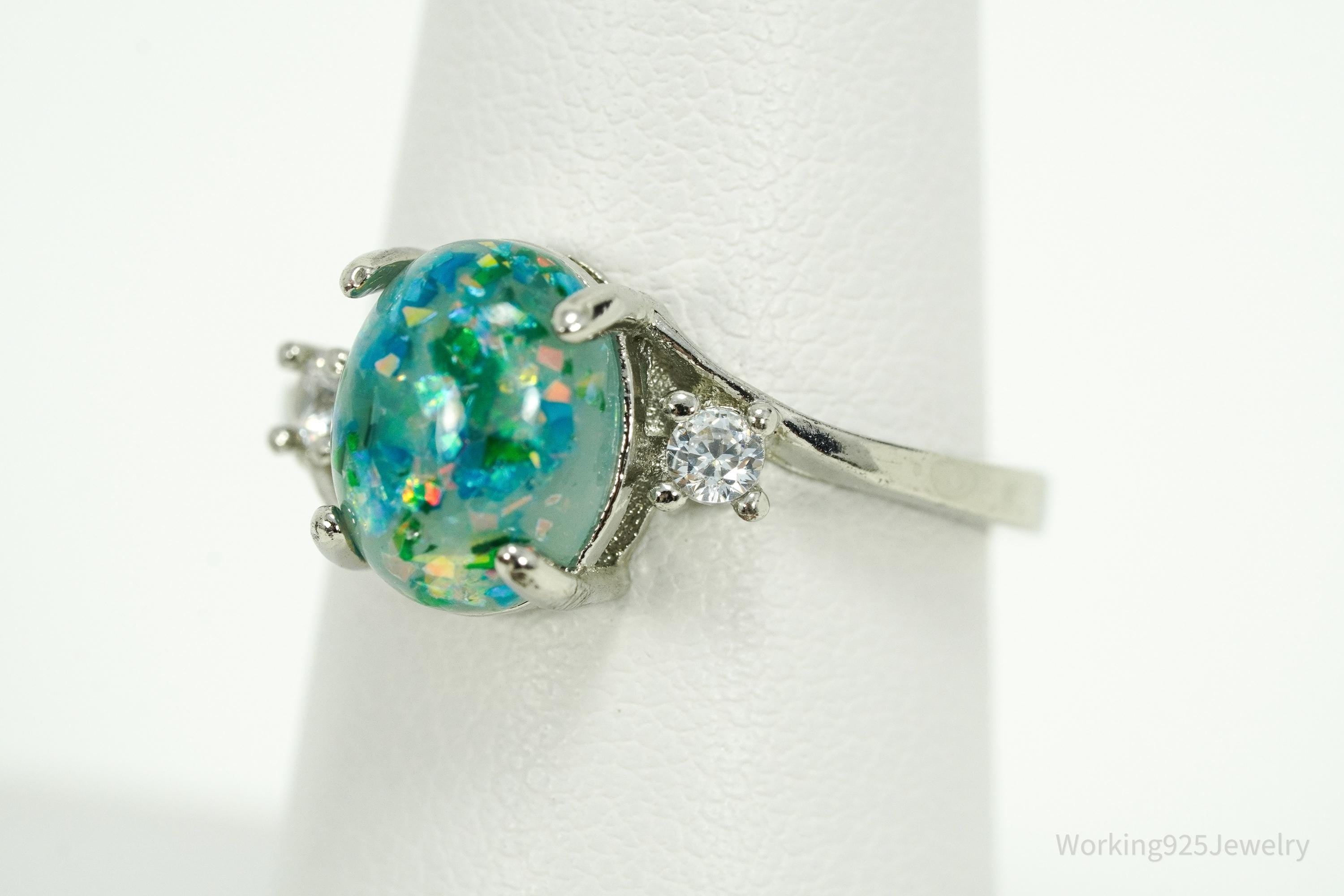 Vintage Faux Opal & Faux Diamonds Sterling Silver Plated Ring - Size 7