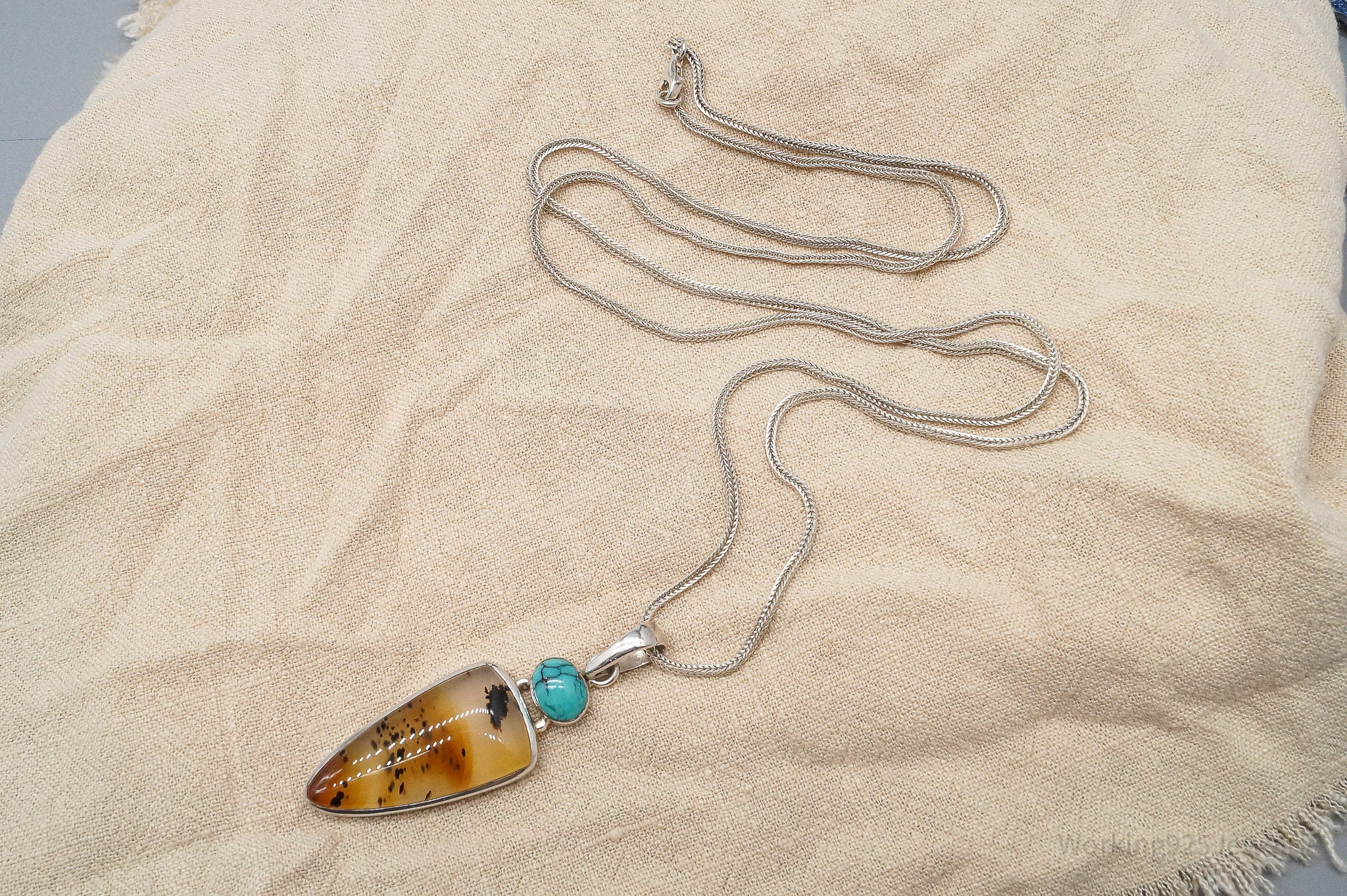 Vintage Agate & Turquoise Sterling Silver Necklace 30"