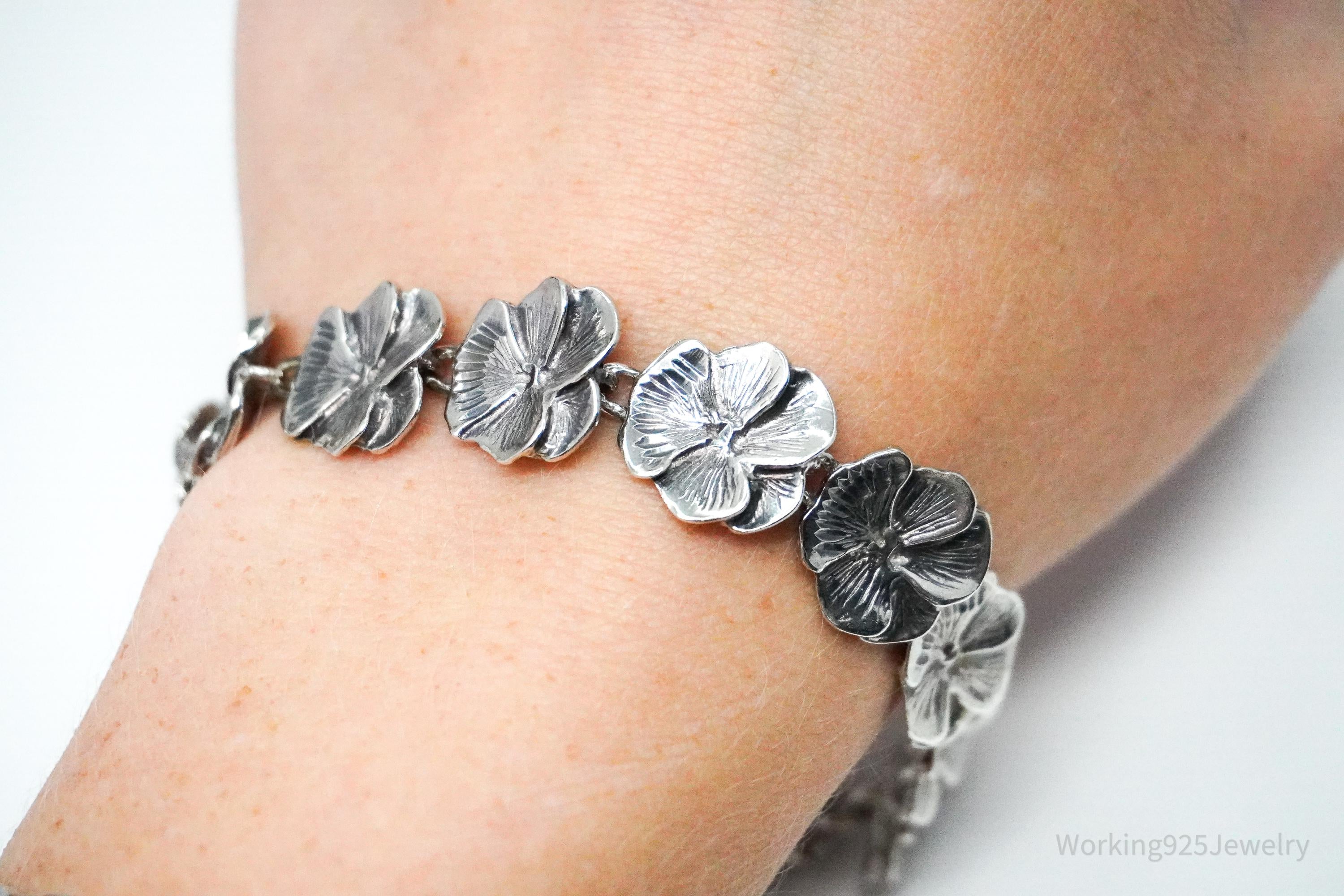 Vintage Flowers Sterling Silver Bracelet 8 1/8"